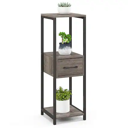 Front. Costway - 1 Pack 3 Tier Tall Metal Plant Stand Indoor Plant Table with Drawer Anti-tipping Devices - Grey.