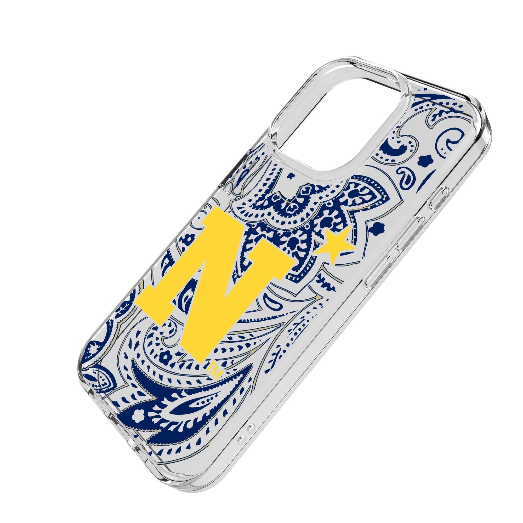 Alt View 1. Keyscaper - Navy Midshipmen iPhone Paisley Design Clear Case - 13 mini - Multicolor.
