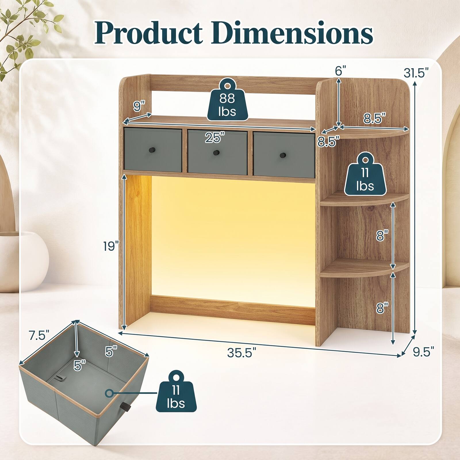 Product Dimensions
6" x 31.5" x 9" x 88 lbs
8.5" x 8.5" x 11 lbs
19" x 7.5" x 5' x 35.5" x 9.5"