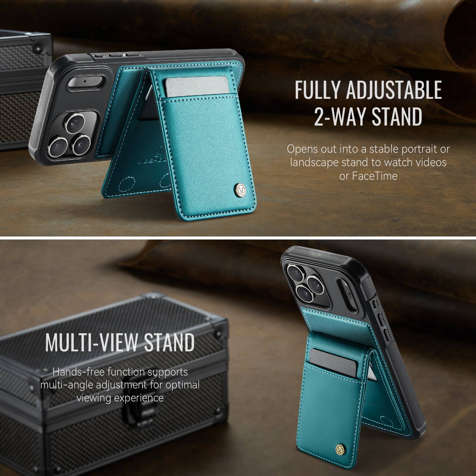 FULLY ADJUSTABLE 2-WAY STAND  
Opens out into a stable portrait or landscape stand to watch videos or FaceTime  

MULTI-VIEW STAND  
Hands-free function supports multi-angle adjustment for optimal viewing experience