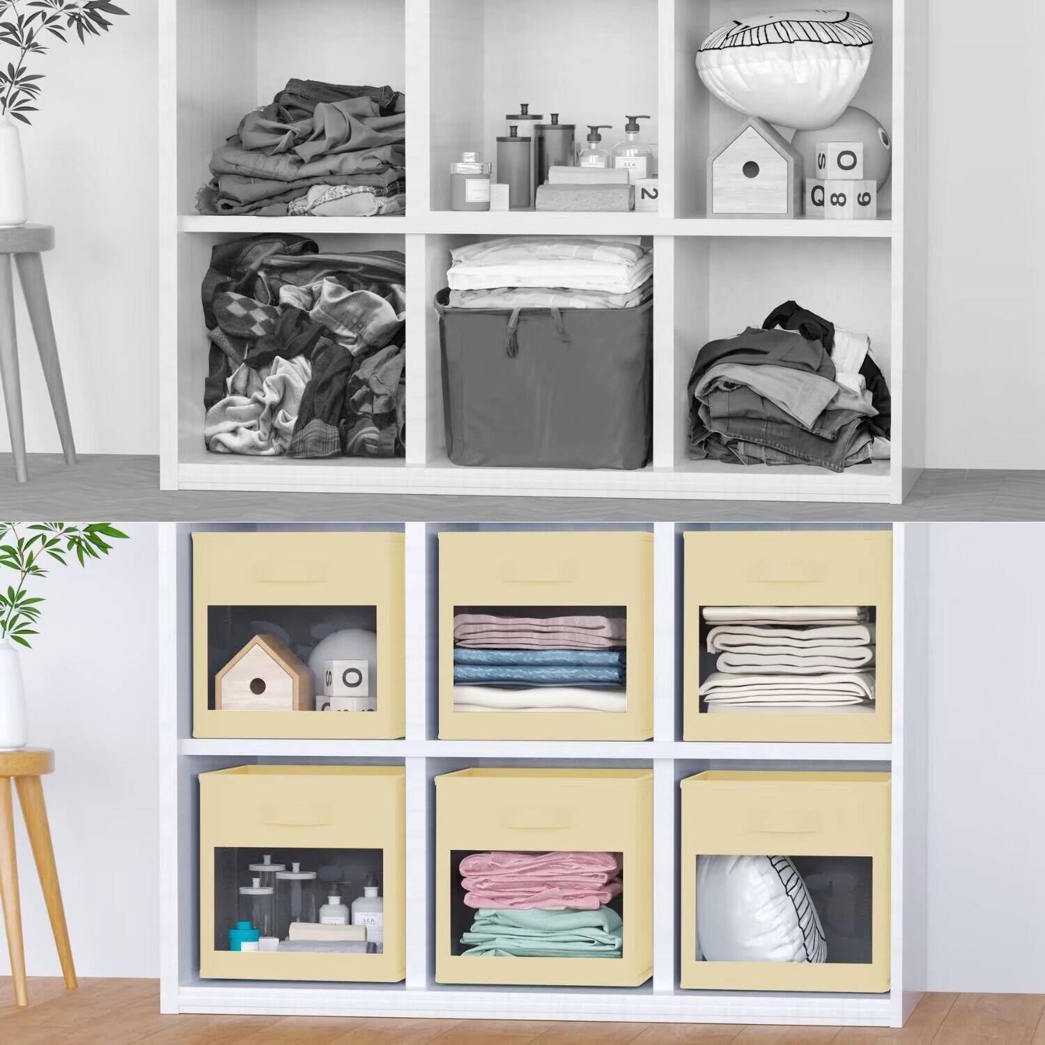 Back. Tooloton - 6-Pack Clear Window Fabric Storage Cubes, 11 Inch Foldable Organizer Bins for Home, Beige - Beige.