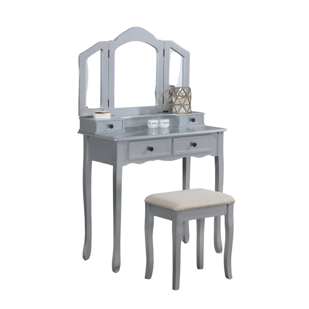 Alt View 1. Loheer - Loheer Silver Wooden Vanity Set with Stool and Three Panel Beveled Mirror - Silver.
