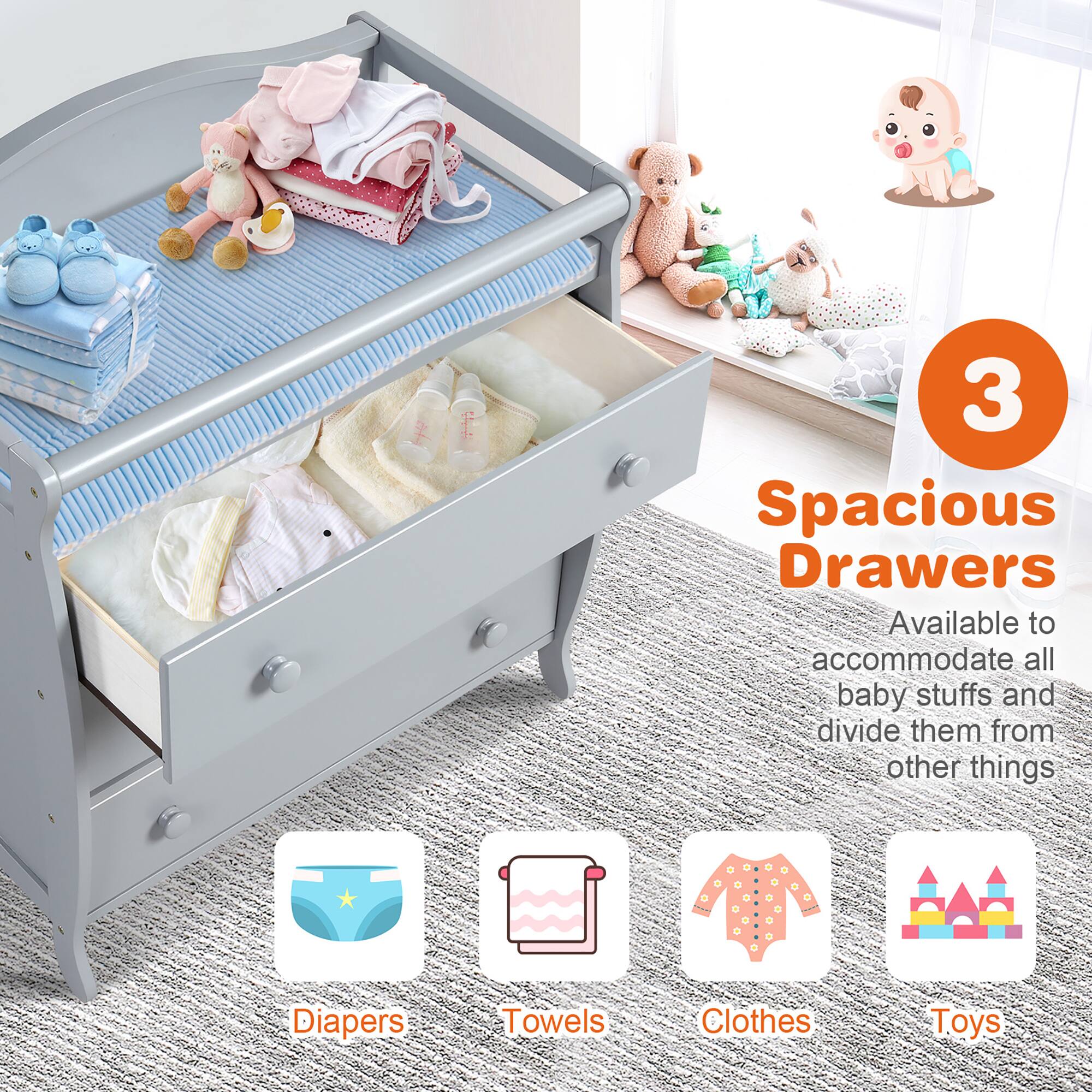 3 Spacious Drawers
Available to accommodate all baby stuffs and divide them from other things
Diapers
Towels
Clothes
Toys
