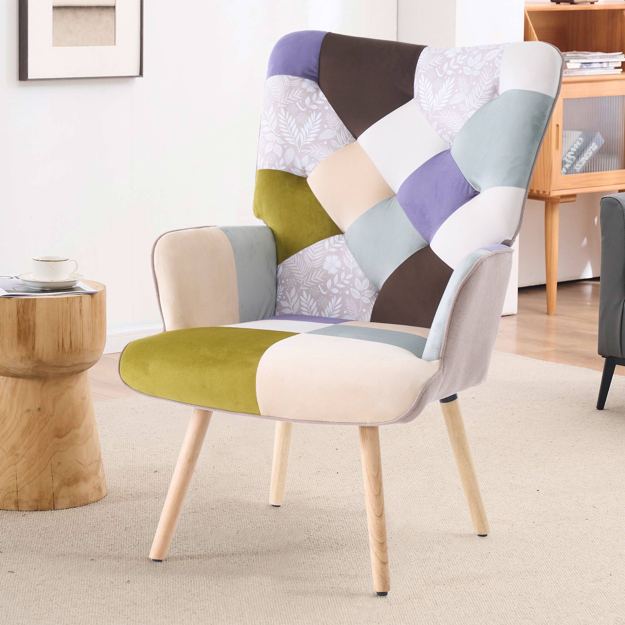 Angle. FERPIT - FERPIT Patchwork Upholstered Wingback Accent Chair with Rubberwood Legs, Green - Green.