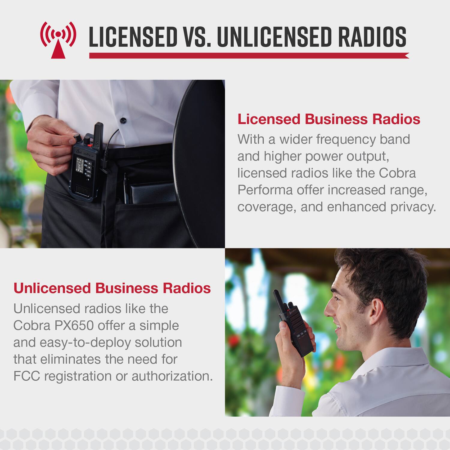 LICENSED VS. UNLICENSED RADIOS

Licensed radios, such as the Cobra Performa, offer a wider frequency band and higher power output, providing increased range, coverage, and enhanced privacy. On the other hand, unlicensed radios like the Cobra PX650 provide a simple and easy-to-deploy solution that eliminates the need for FCC registration or authorization.