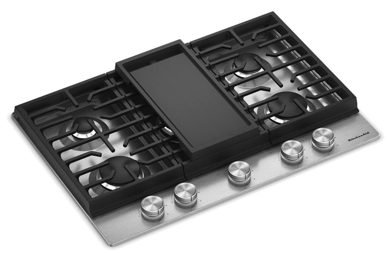 Angle. KitchenAid - 30 in. wide Gas Cooktop with 5 Burners and Integrated Wok Grate - Stainless Steel.