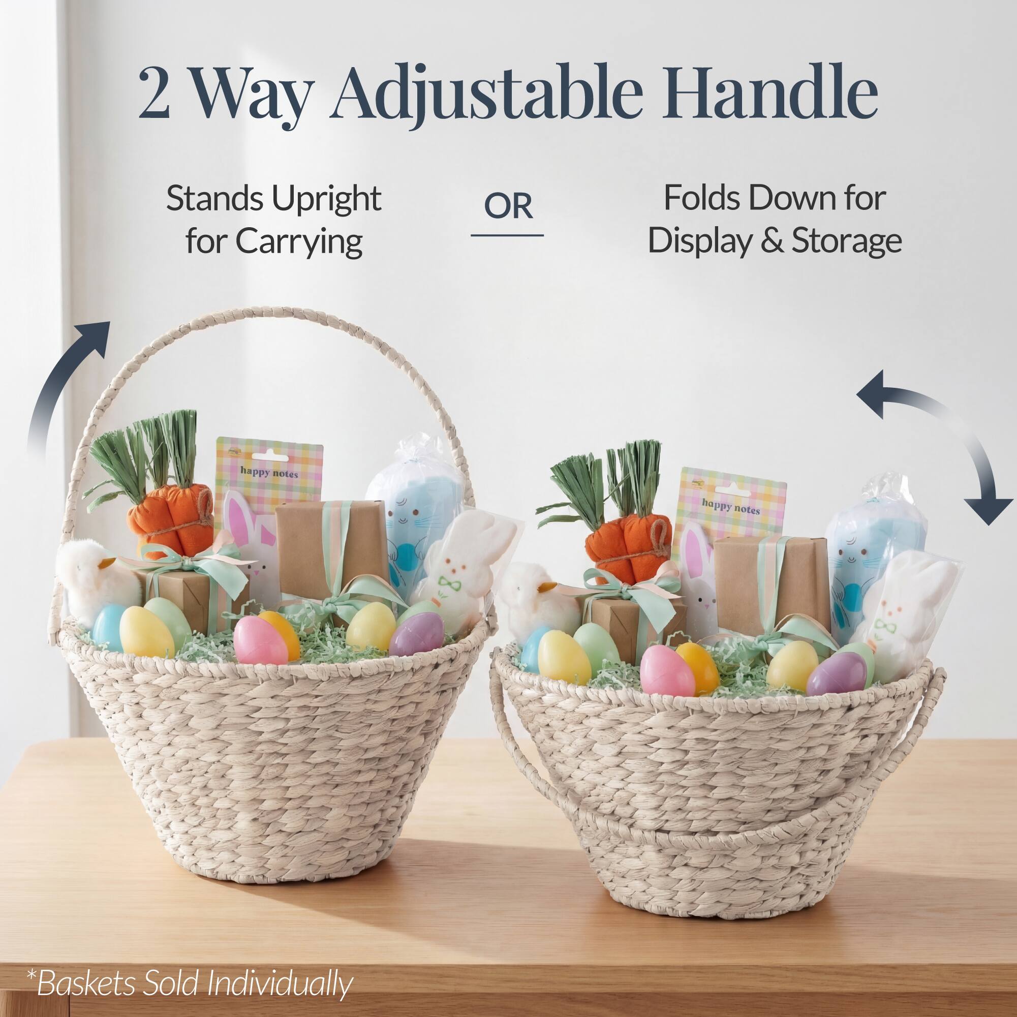 2 Way Adjustable Handle Stands Upright OR Folds Down for Display & Storage

*Baskets Sold Individually