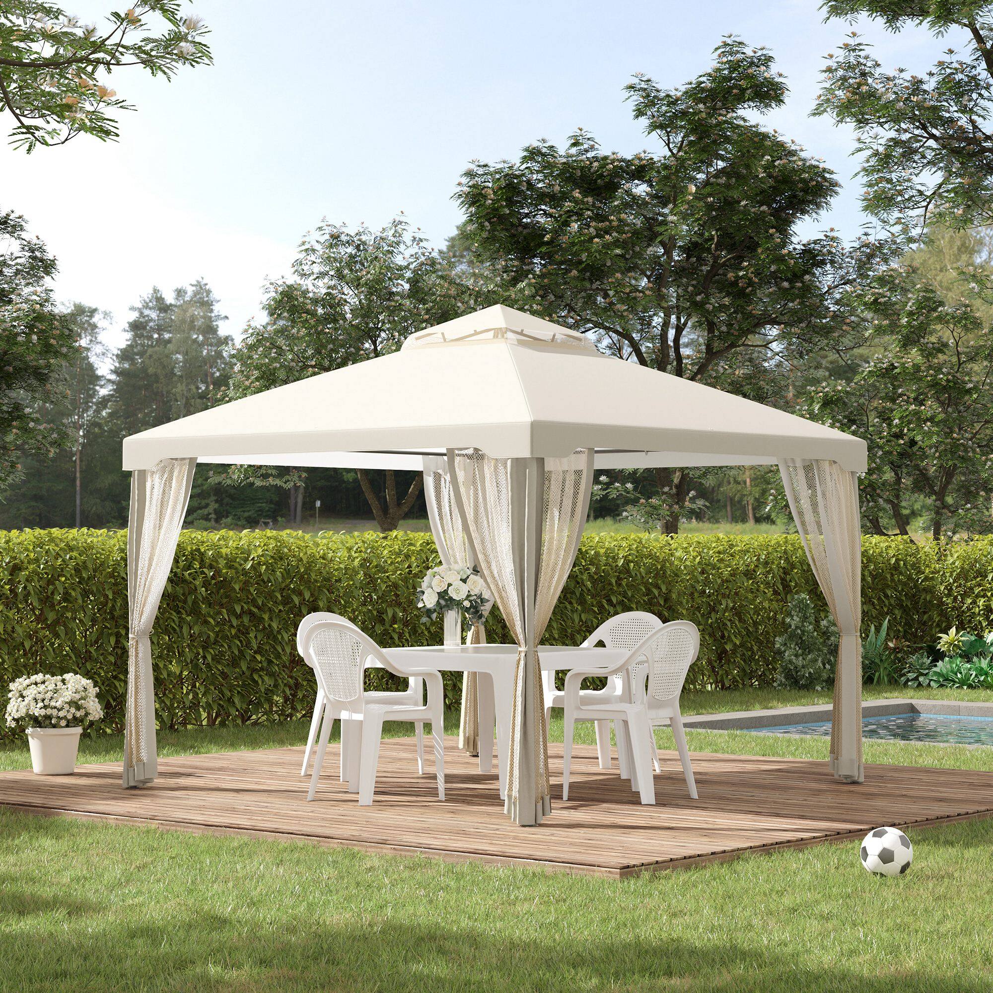Alt View 1. Outsunny - 9.6' x 9.6' Patio Gazebo, Outdoor Canopy Shelter with 2-Tier Roof and Netting, Steel Frame for Garden, Lawn - Cream White.