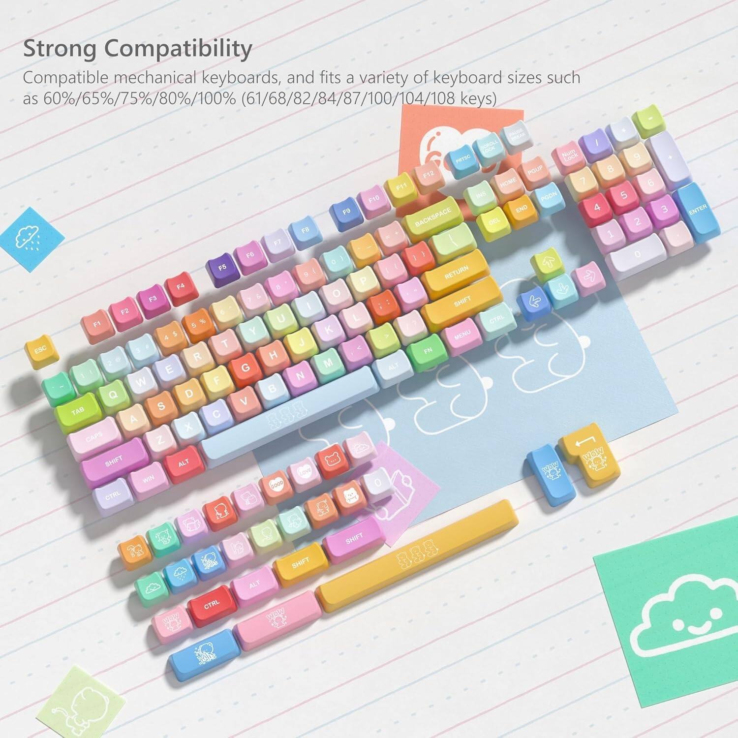 Strong Compatibility  
Compatible mechanical keyboards, and fits a variety of keyboard sizes such as 60%/65%/75%/80%/100% (61/68/82/84/87/100/104/108 keys)