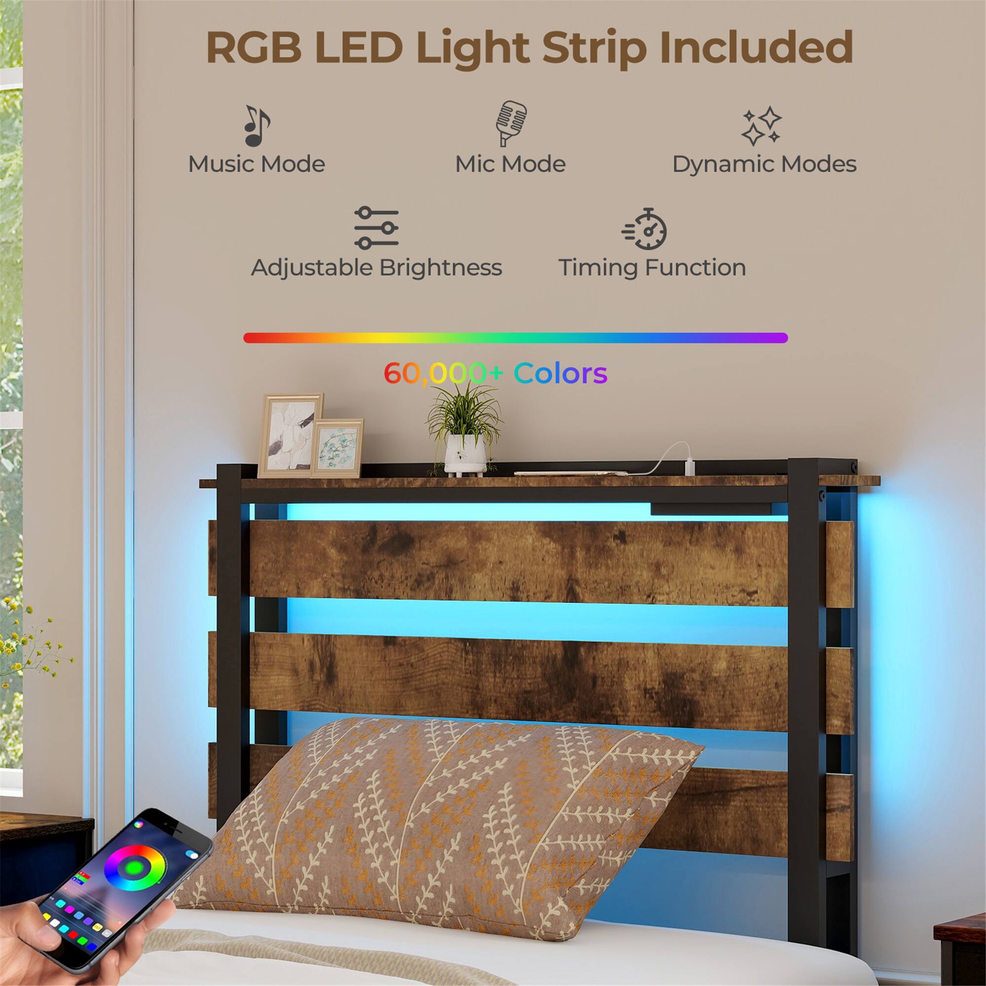 RGB LED Light Strip Included

- Music Mode
- Mic Mode
- Dynamic Modes
- Adjustable Brightness
- Timing Function

60,000+ Colors