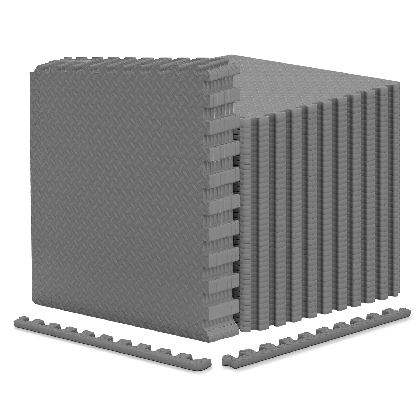 Costway - 24 Tiles 25" x 25" Puzzle Exercise Mat with Borders for Home Gym Playroom 103 sq.ft - Gray