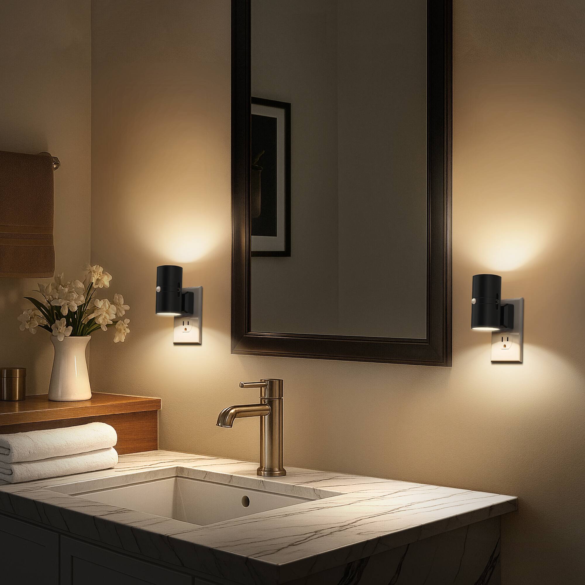Alt View 4. Jandcase - JANDCASE 2-Pack 1W Plug-in Motion Sensor Night Light, 3000K Warm Glow, Round Cylinder Design, , ON/OFF/AUTO Modes - Black.