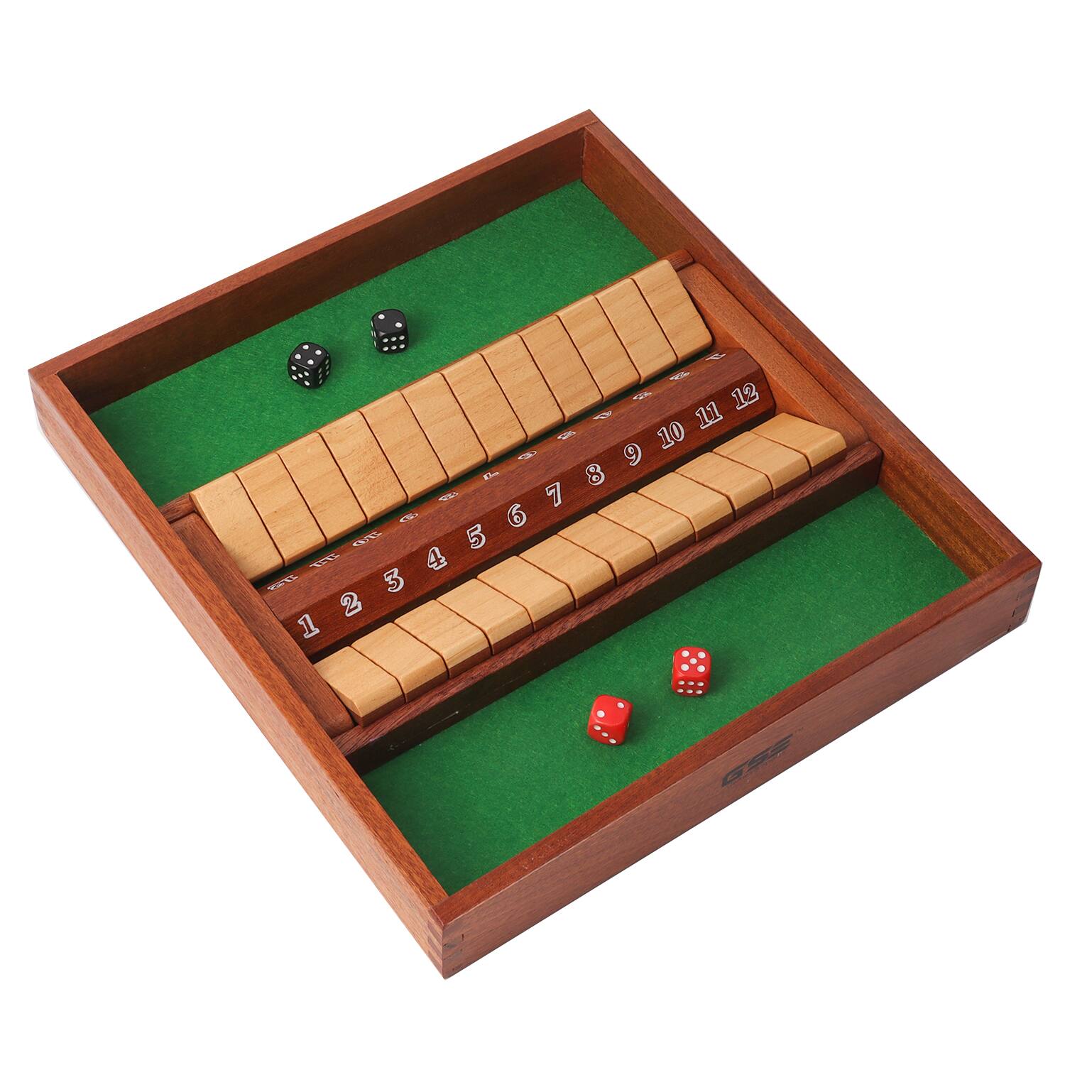Front. GSE Games & Sports Expert - 2-Player Wooden Shut The Box 12 Numbers Dice Game Board with Red/Black Dices, Popular English Game.