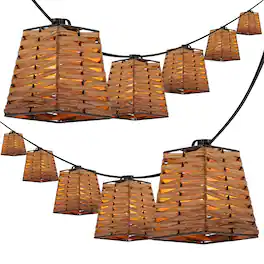 Jonathan Y - Quinn 10-Light Indoor/Outdoor 10 ft. Classic Vintage LED G40 Square Bamboo Shaded String Lights - Brown