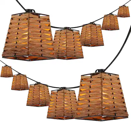 Front. Jonathan Y - Quinn 10-Light Indoor/Outdoor 10 ft. Classic Vintage LED G40 Square Bamboo Shaded String Lights, Brown - Brown.
