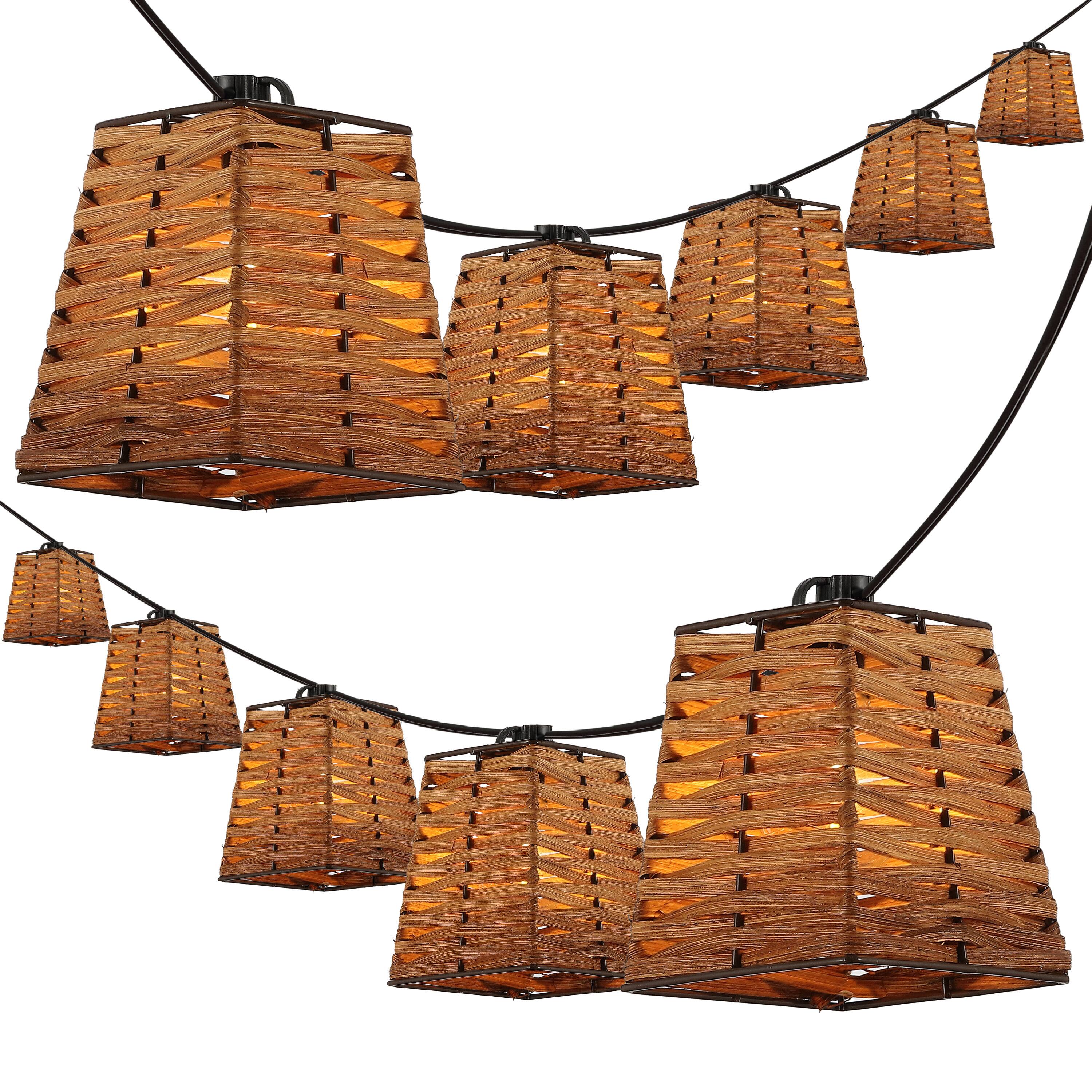 Front. Jonathan Y - Quinn 10-Light Indoor/Outdoor 10 ft. Classic Vintage LED G40 Square Bamboo Shaded String Lights, Brown - Brown.