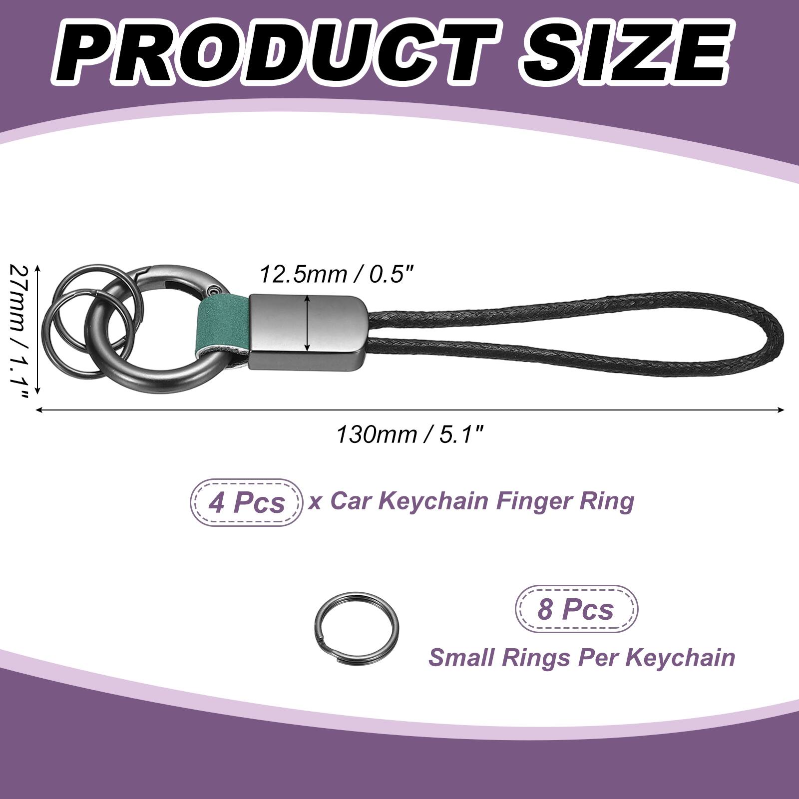 PRODUCT SIZE

27mm / 1.1"  
12.5mm / 0.5"  
130mm / 5.1"  

4 Pcs x Car Keychain Finger Ring  
8 Pcs Small Rings Per Keychain