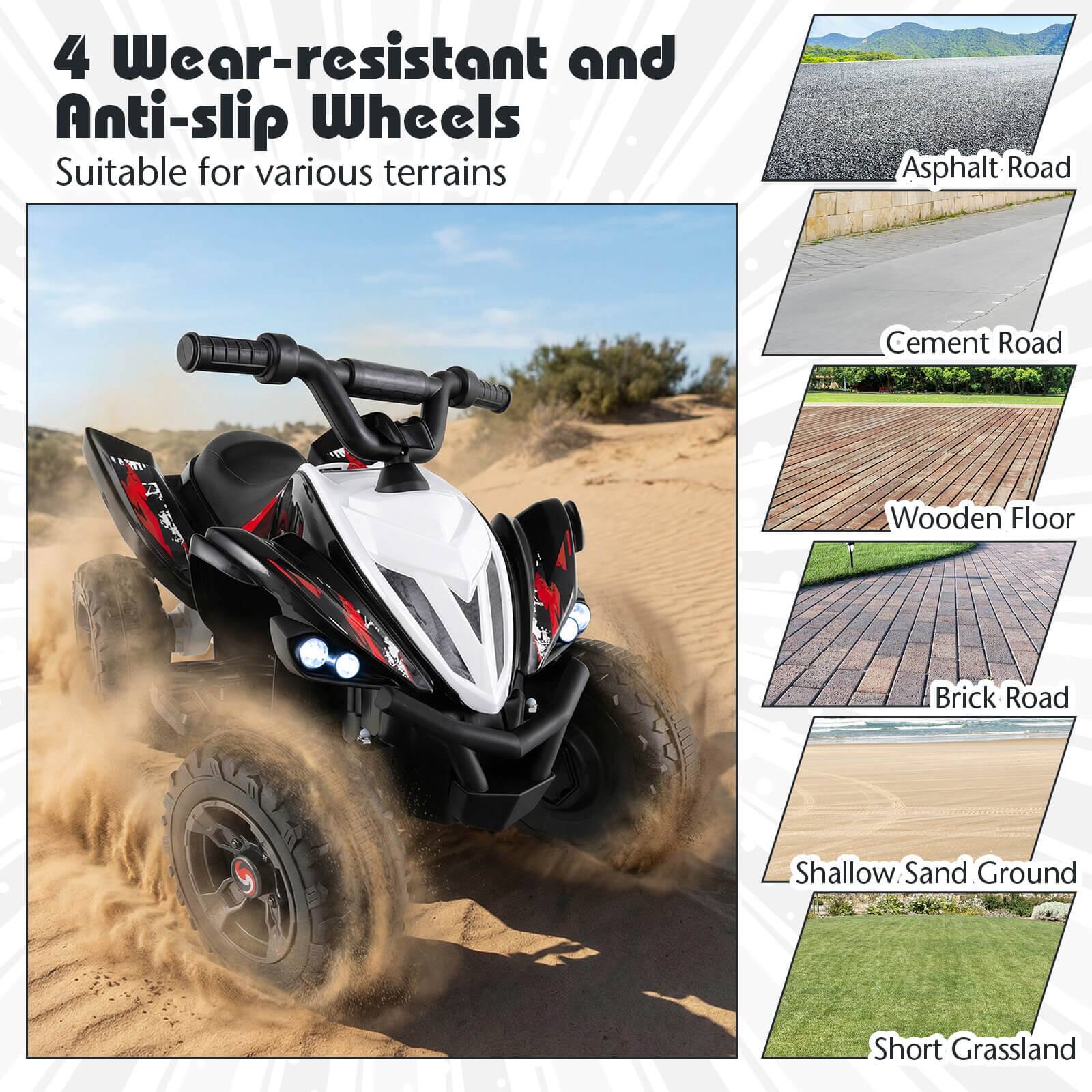 4 Wear-resistant and Anti-slip Wheels  
Suitable for various terrains  
- Asphalt Road  
- Cement Road  
- Wooden Floor  
- Brick Road  
- Shallow Sand Ground  
- Short Grassland