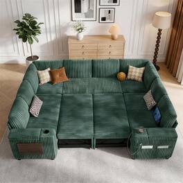 Dyonery - 108"Modular Sectional Sofa with Pull Out Bed,Corduroy Fabric 8 Seat Sectional Sleeper Sofa with Storage,for Living Room - Green
