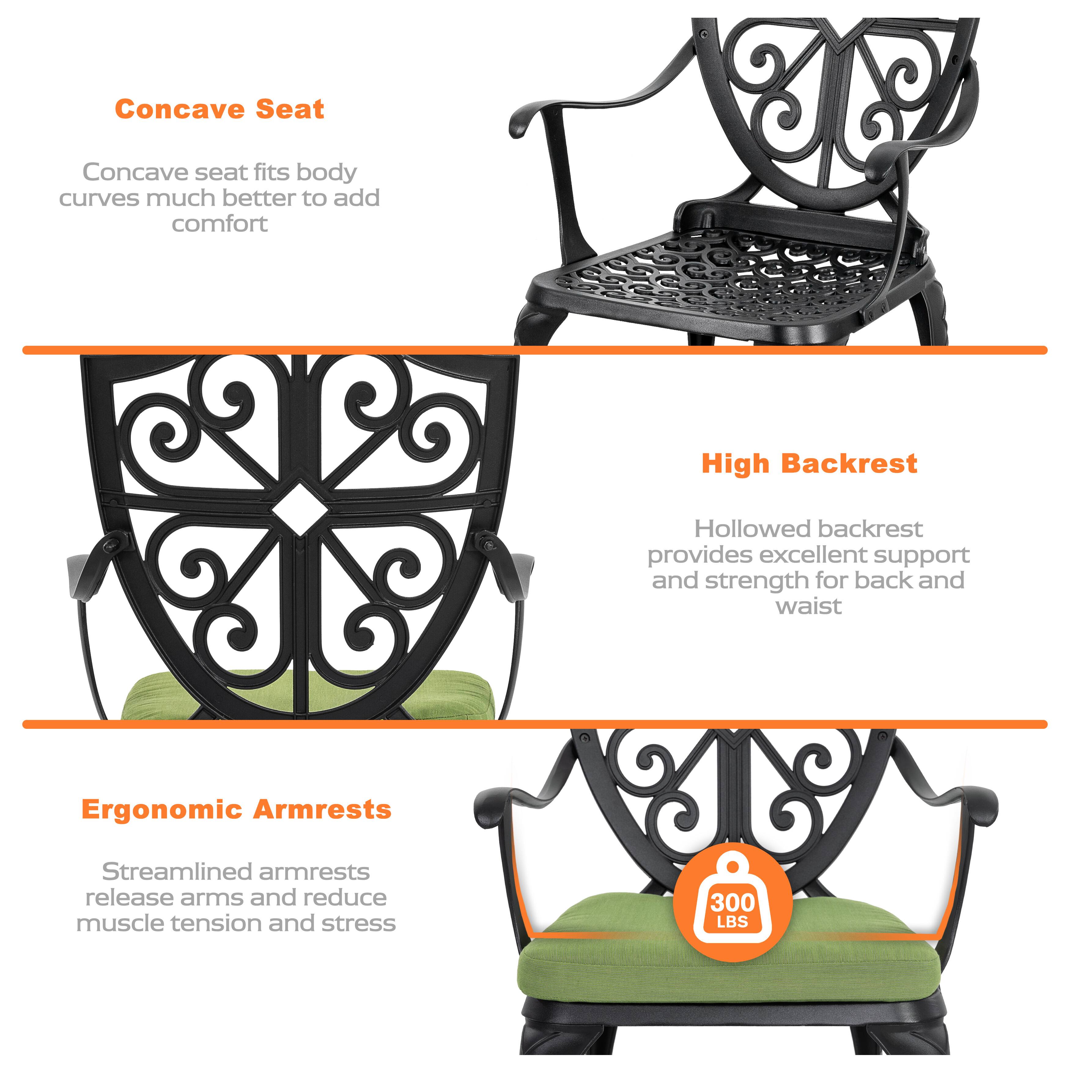 Concave Seat  
Concave seat fits body curves much better to add comfort

High Backrest  
Hollowed backrest provides excellent support and strength for back and waist

Ergonomic Armrests  
Streamlined armrests release arms and reduce muscle tension and stress

300 LBS