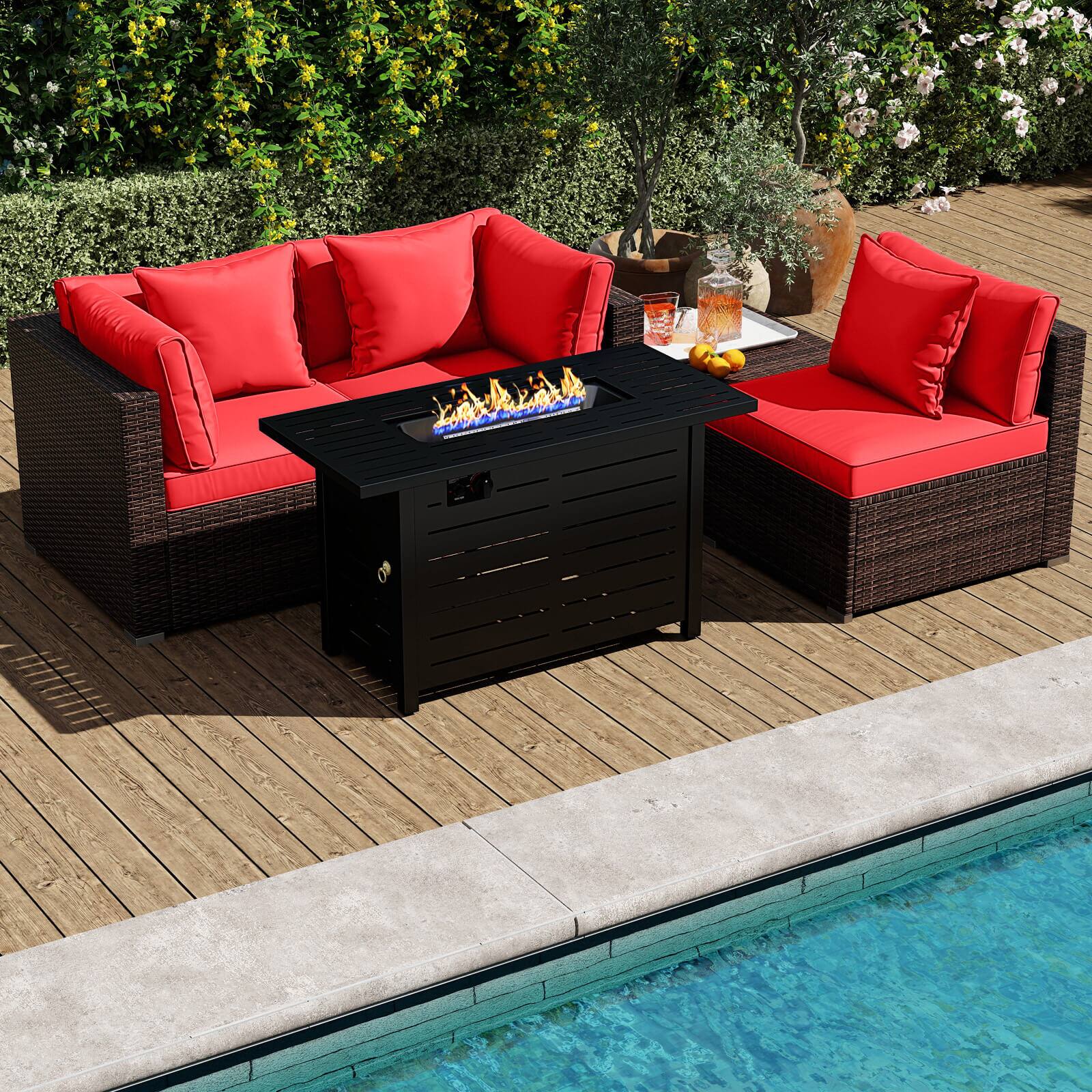 Alt View 4. Costway - Costway 5 PCS Patio Furniture Set Heavy-duty Frame Sofa Set with 60,000 BTU Firepit Table - Red.