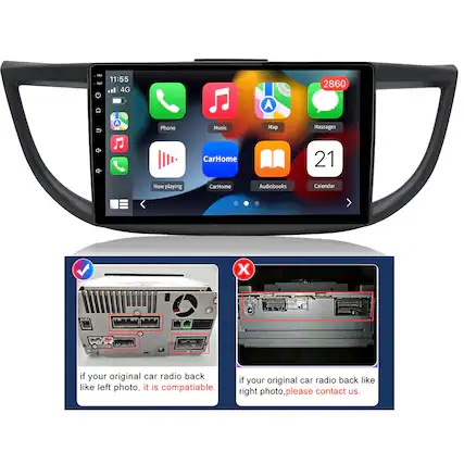 - 11:55 4G A 2860 A Phone Music Map Massages + Q- CarHome 21 Now playing CarHome Audiobooks Calendar
- If your original car radio back like left photo, it is compatible. If your original car radio back like right photo, please contact us.