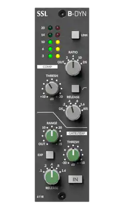 SSL B-DYN
LINK
COMP RATIO 4 2 10 DS
THRESH +10 dB -20 RELEASE .4 8 .2 .1.6 DS AUTO
RANGE 10 20
GATE / EXP THRESH -30 1.6 dB +10 IN RELEASE
OUT 35
611B