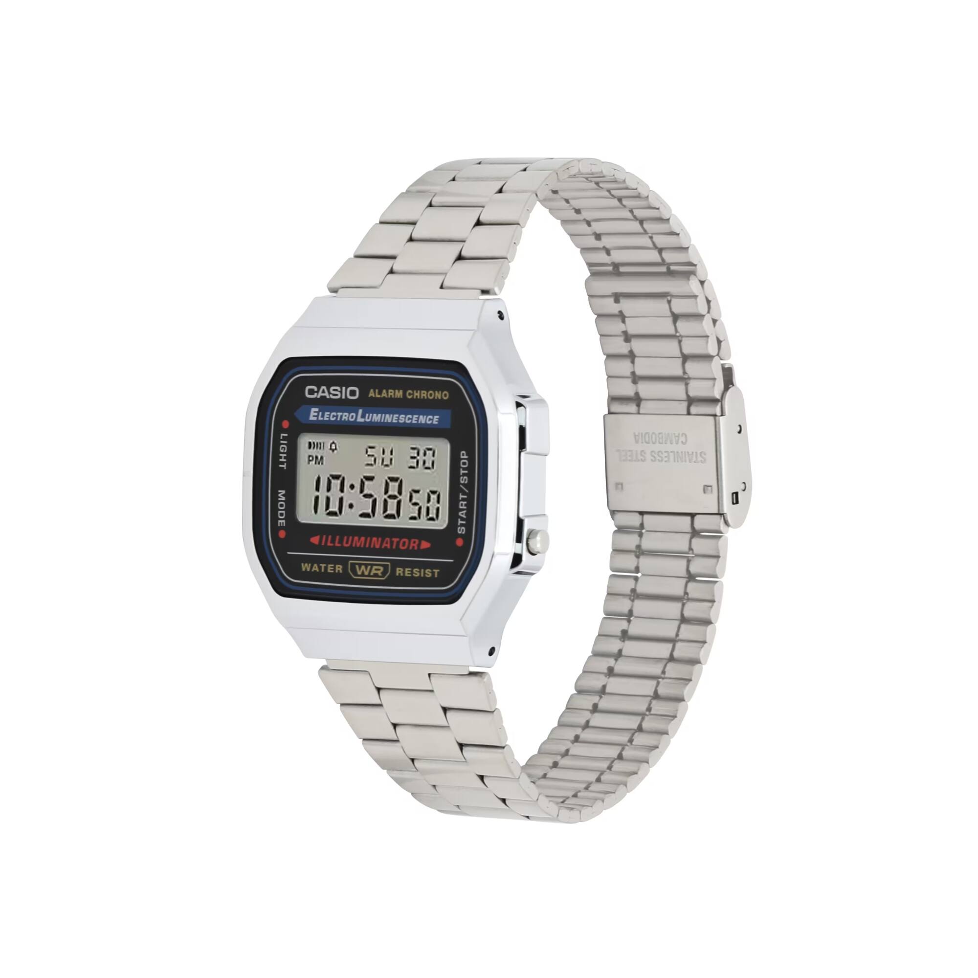 CASIO ALARM CHRONO ELECTRO LUMINESCENCE B C LIGHT PM SU 30 MODE 10:58:50 START/STOP ILLUMINATOR WATER WR RESIST CAMBODIA STEEL STAINLESS