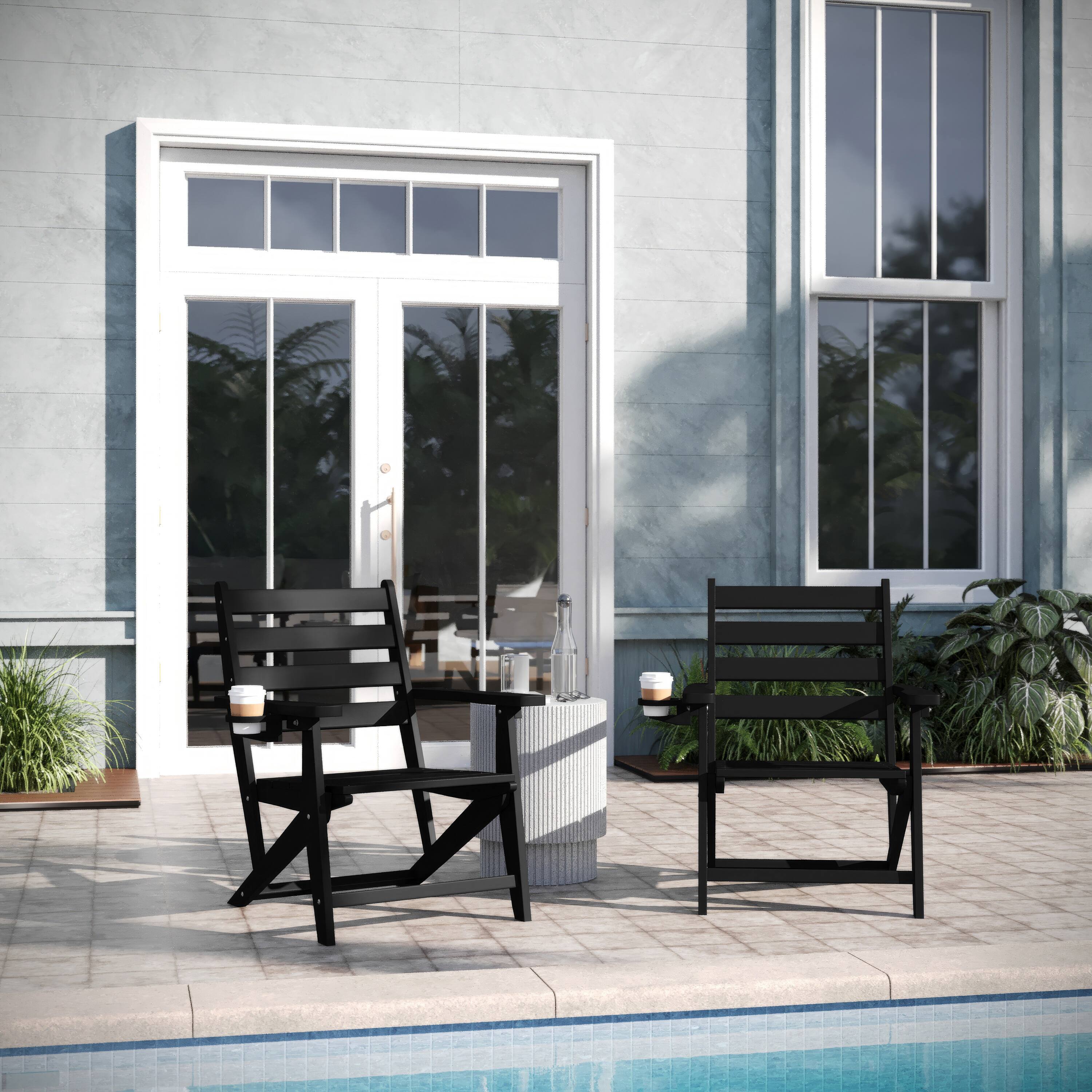 Alt View 3. Emma + Oliver - Arcata Adirondack Dining Chair with Fold Out Cup Holder, Weather Resistant Recycled HDPE Adirondack Chair - Black.
