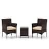 Costway - 3 PCS Outdoor Conversation Set with Cushioned Seat & Tempered Glass Tabletop - Beige,Mix Brown