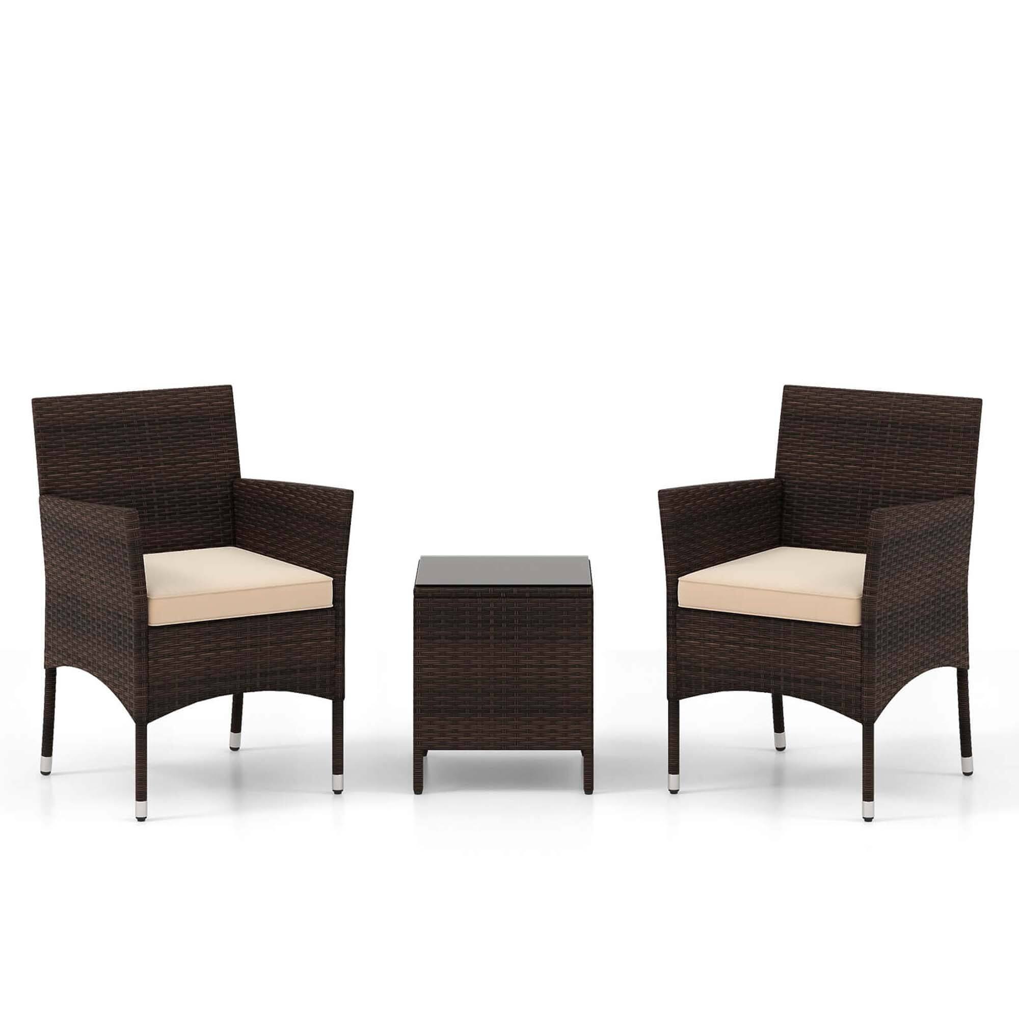 Front. Costway - 3 PCS Outdoor Conversation Set with Cushioned Seat & Tempered Glass Tabletop - Beige,Mix Brown.