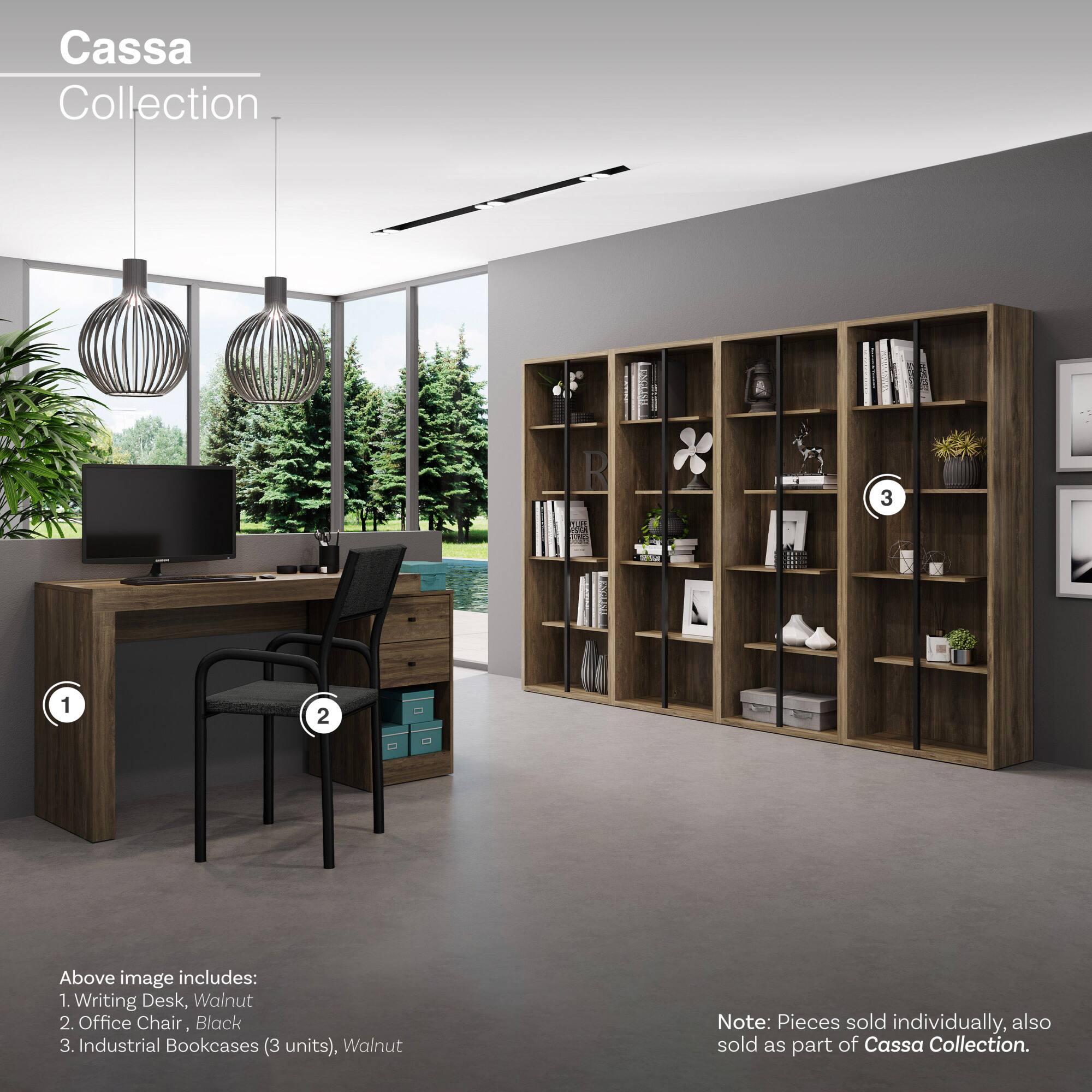 Cassa Collection

Above image includes:
1. Writing Desk, Walnut
2. Office Chair, Black
3. Industrial Bookcases (3 units), Walnut

Note: Pieces sold individually, also sold as part of Cassa Collection.