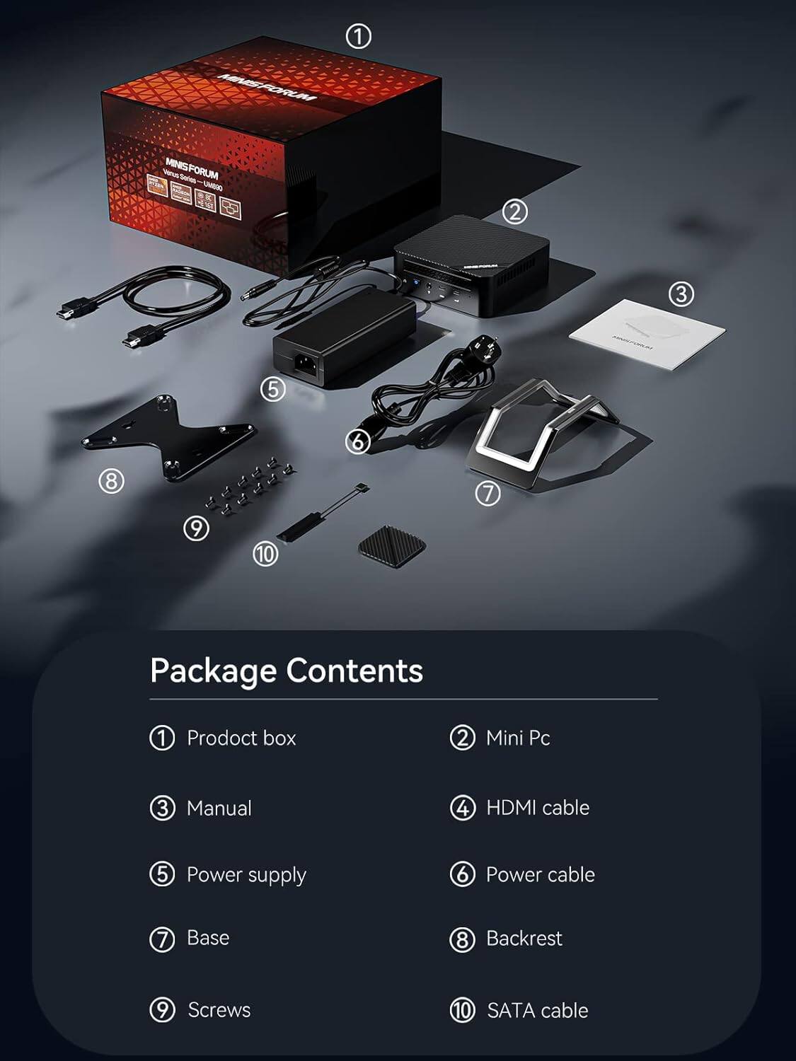 1. Product box  
2. Mini Pc  
3. Manual  
4. HDMI cable  
5. Power supply  
6. Power cable  
7. Base  
8. Backrest  
9. Screws  
10. SATA cable