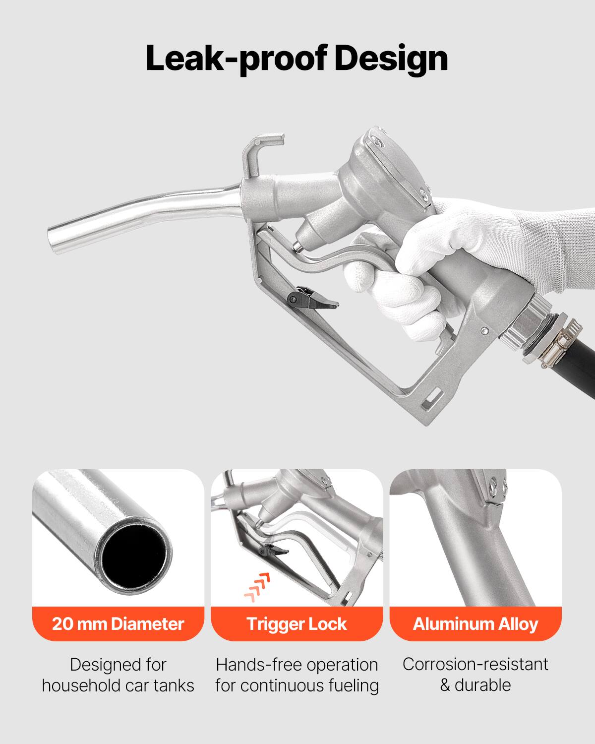 Leak-proof Design, 20 mm Diameter, Trigger Lock, Aluminum Alloy, Designed for household car tanks, Hands-free operation, Corrosion-resistant & durable