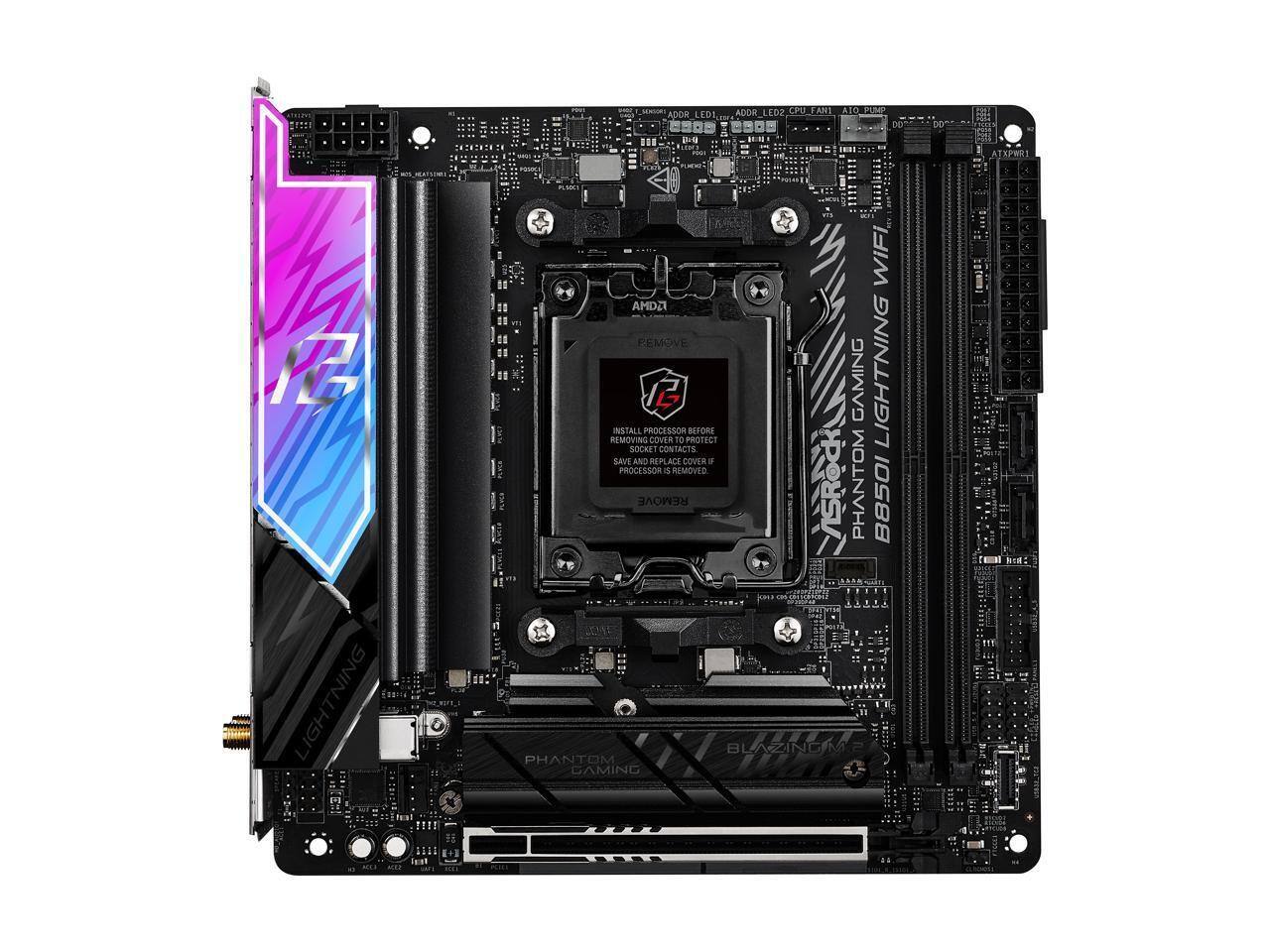 ADDR LED2 CPU FAN1 LEDI TO PUMP DO DO: 1 LIGHTNING PUI WiFi AMD2 REMOVE REMOVING INSTALL PROCESSOR COVER G 10 PROTECT BLIORS GAMING LIGHTNING SOCKET CONTACTS SAVE AND REPLACE COVER a PROCESSOR a REMOVED REMOVE VSROCK PHANTOM B850I LOA BLAZINGM PHANTOM GAMING