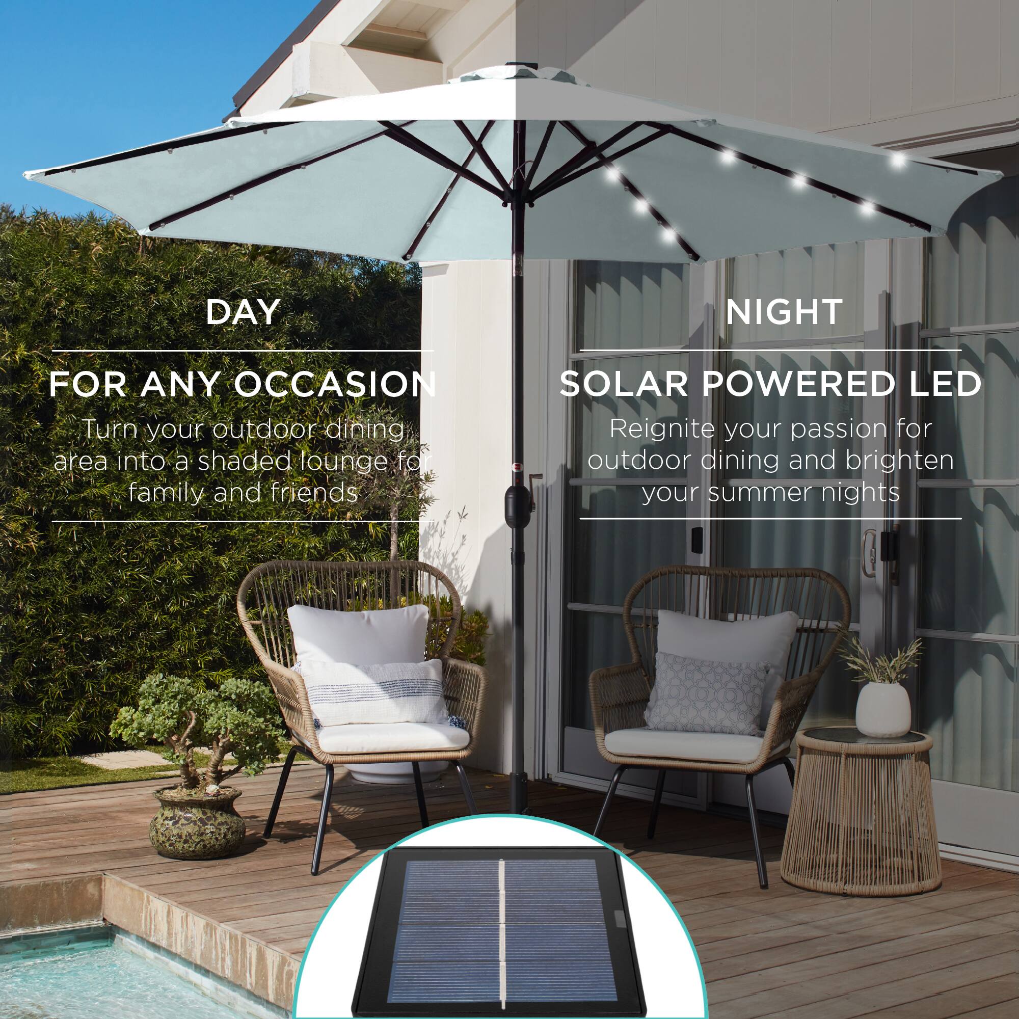 DAY NIGHT FOR ANY OCCASION

Turn your outdoor dining area into a shaded lounge for family and friends.

SOLAR POWERED LED

Reignite your passion for outdoor dining and brighten your summer nights.