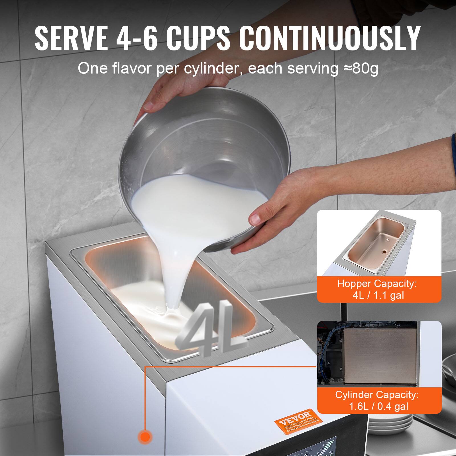 SERVE 4-6 CUPS CONTINUOUSLY  
One flavor per cylinder, each serving ≈80g  

Hopper Capacity: 4L / 1.1 gal  
Cylinder Capacity: 1.6L / 0.4 gal