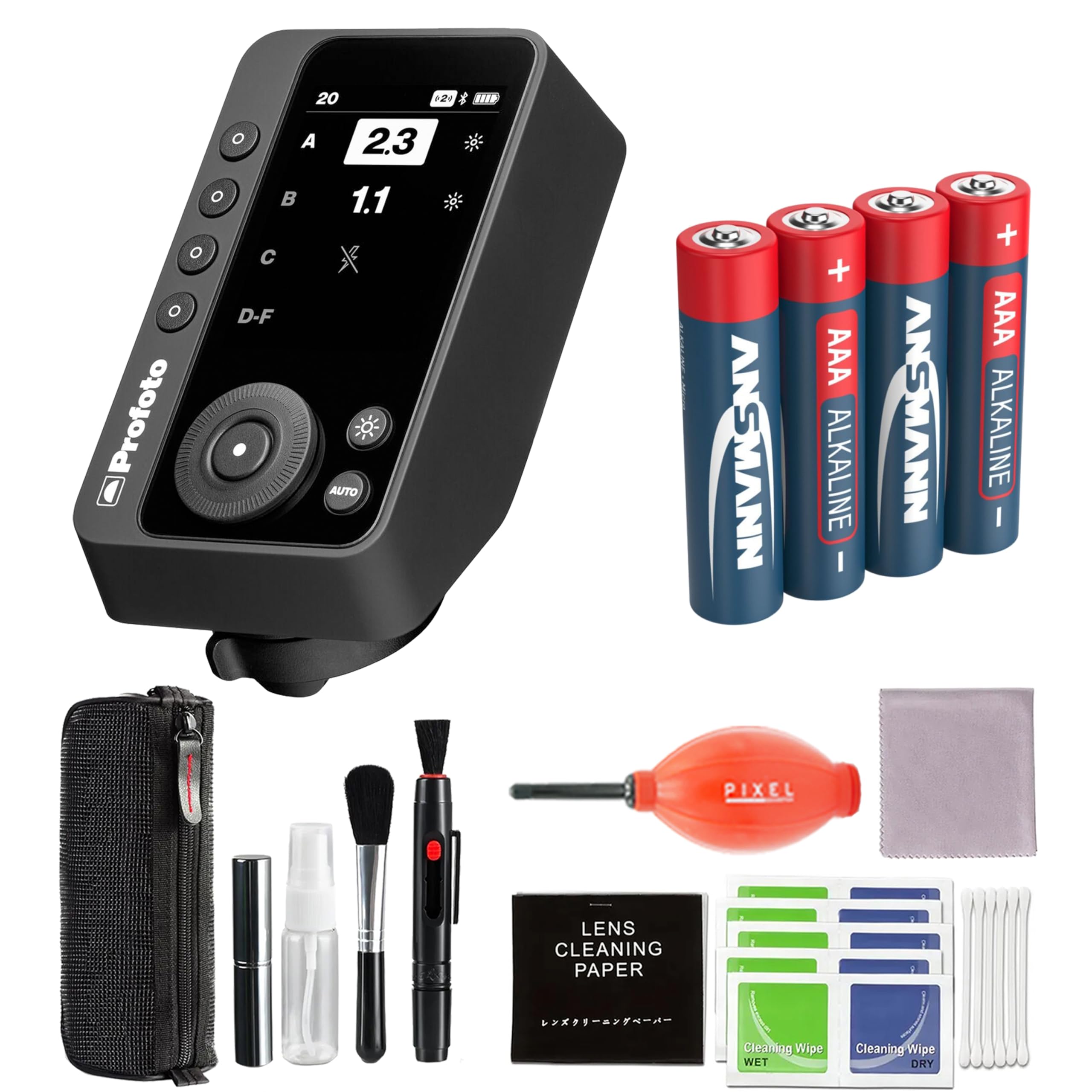 20 e TP O A 2.3 O O O D-F Profoto 1.1 * AUTO ANSMANN + AAA ALKALINE I ANSMANN + AAA ALKALINE PIXEL LENS CLEANING PAPER Cleamins Wipe WET Cleaning Wipe