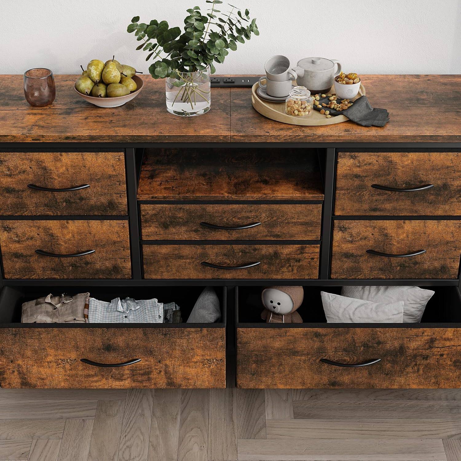 Back. GARVEE - 8 Drawer TV Stand, Power Outlet, LED, 47" Media Console, Storage Chest, Bedroom, Living Room, Farmhouse Brown - Brown.