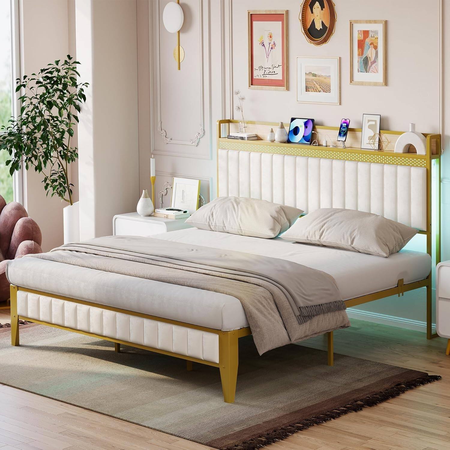 Alt View 3. GARVEE - White & Gold Upholstered Platform Bed with LED Light, Charging Station & Storage Headboard, Noise Free - Gold.