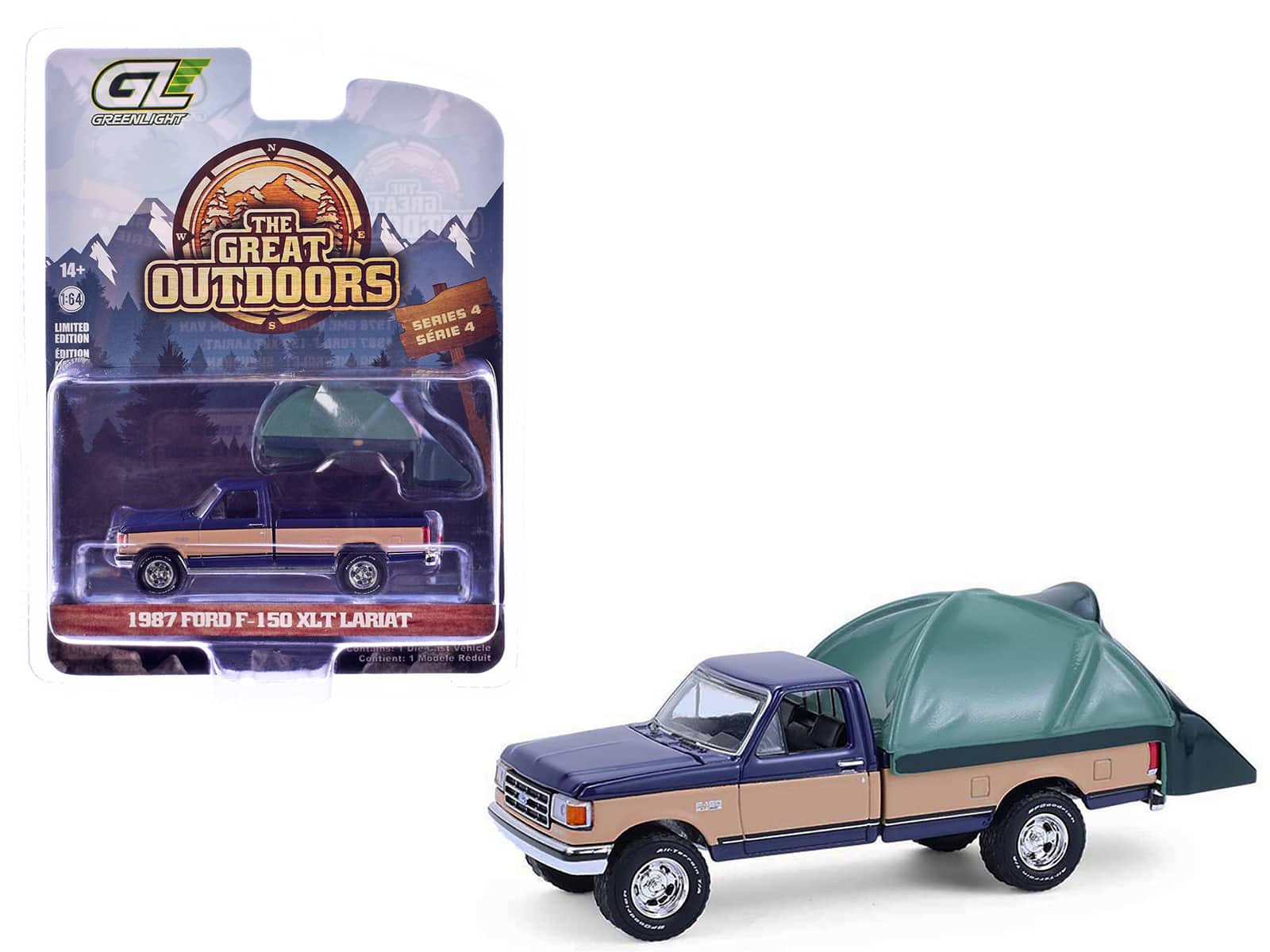 Greenlight - 1987 Ford F-150 XLT Lariat Dark Blue Tan Modern Truck Bed Tent Great Outdoors Series 4 1/64 Diecast - Multi