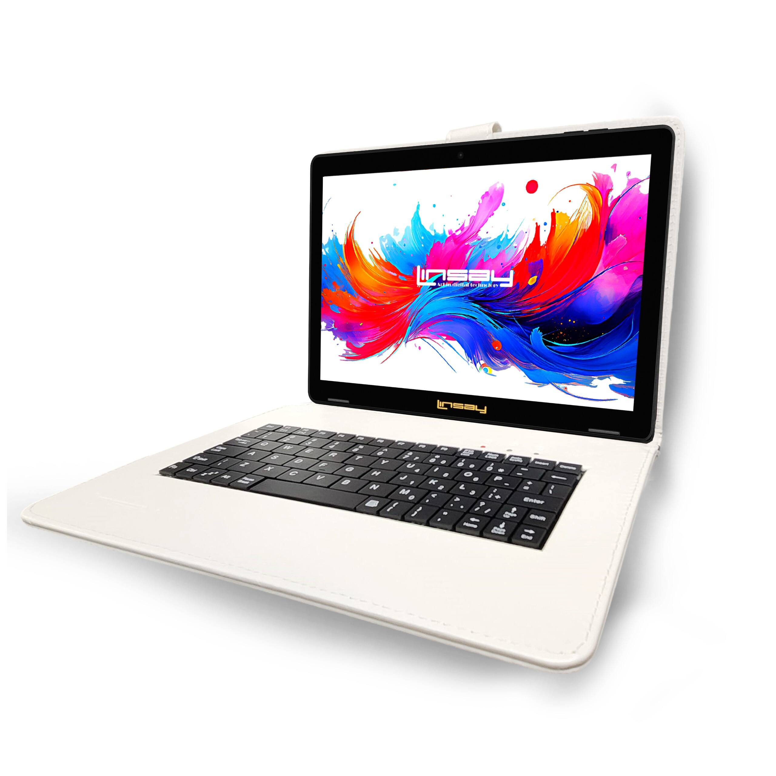 Left. LINSAY - 10.1" Octa Core 256GB Storage Android 15 with Unique Oracle Keyboard Case and Tablet Briefcase - White.