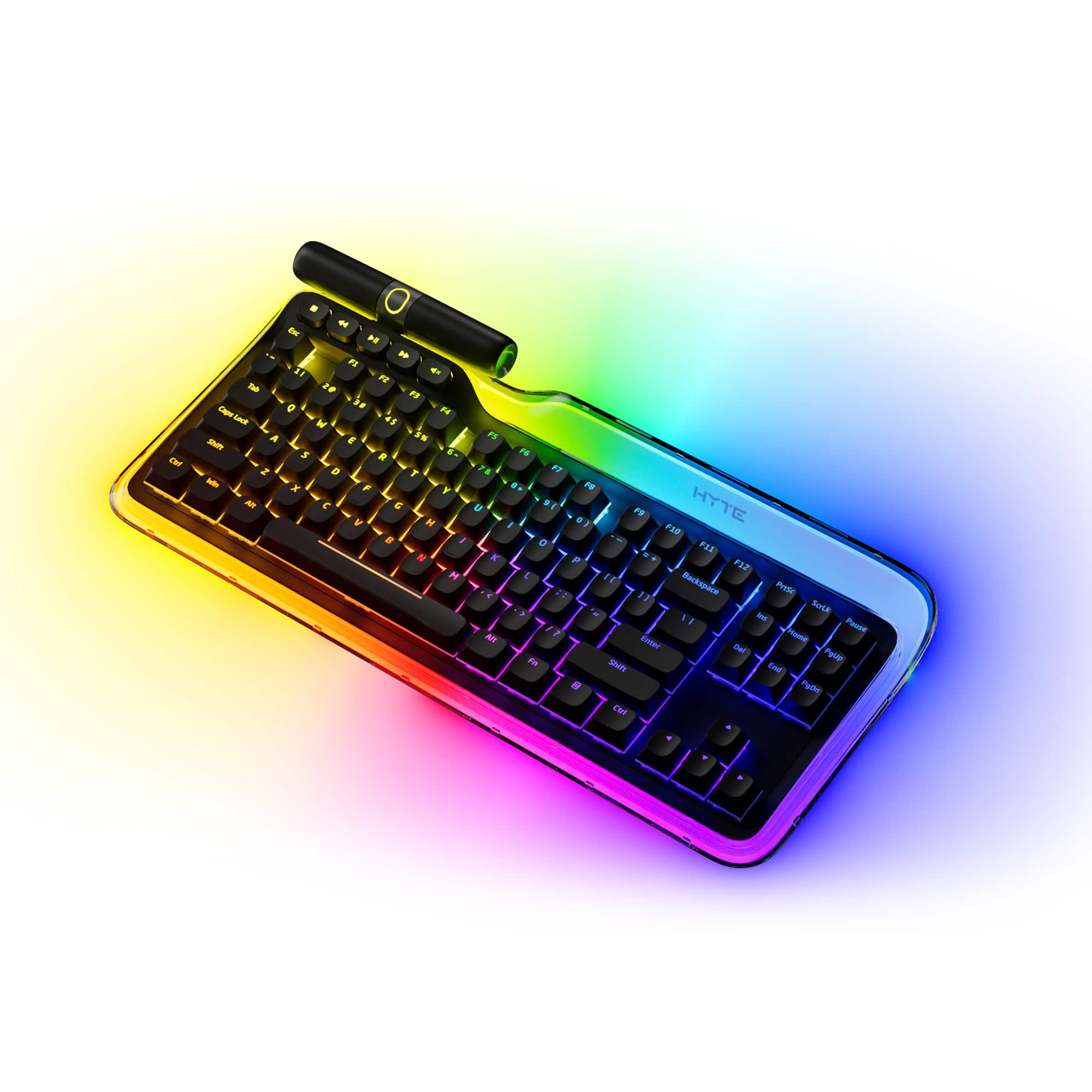 The image features a colorful keyboard with a rainbow effect. The keyboard has a bright and vibrant appearance, making it stand out. The keys are arranged in a standard layout, with the letters and numbers visible on the keys. The keyboard is designed to be visually appealing and eye-catching, adding a unique touch to the computer setup.