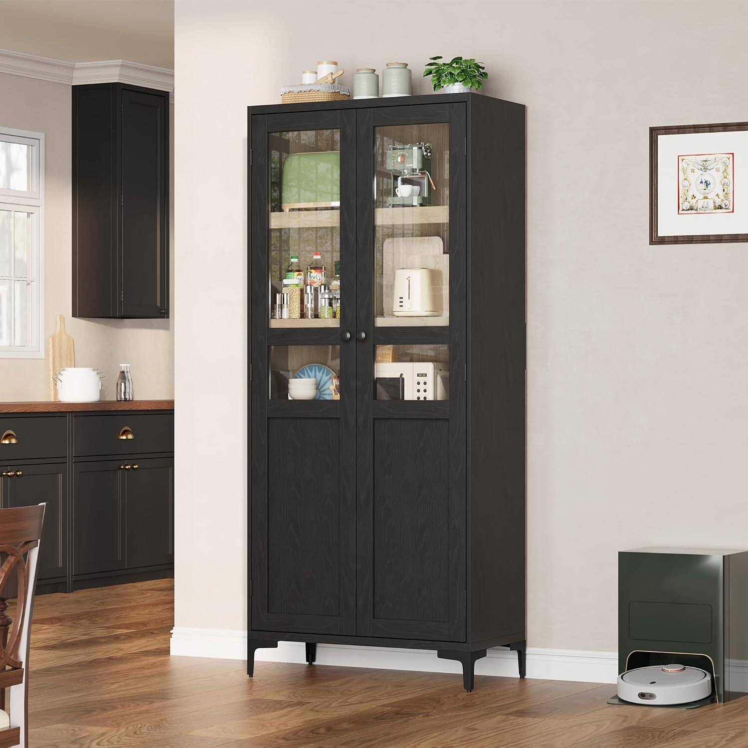 Front. Acekool - 63" Tall Farmhouse Pantry Cabinet with 5 Tiers, Adjustable Shelf & 2 Doors, Engineered Wood Storage, Black - Black.