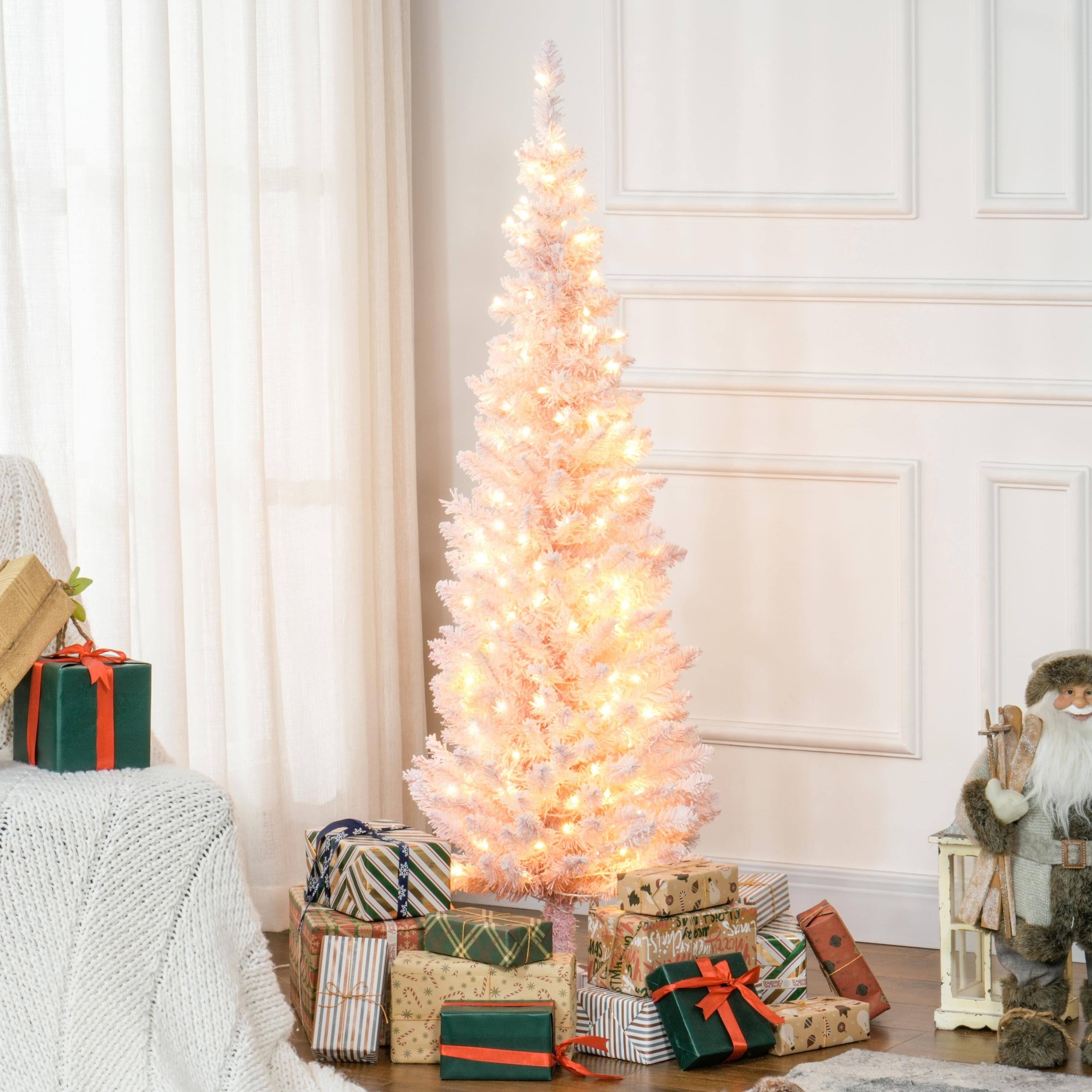 Alt View 4. BreeBe - 5 ft Tall Pre-Lit Slim Noble Fir Artificial Christmas Tree with 160 Warm White LED Lights and 294 Tips - Pink.