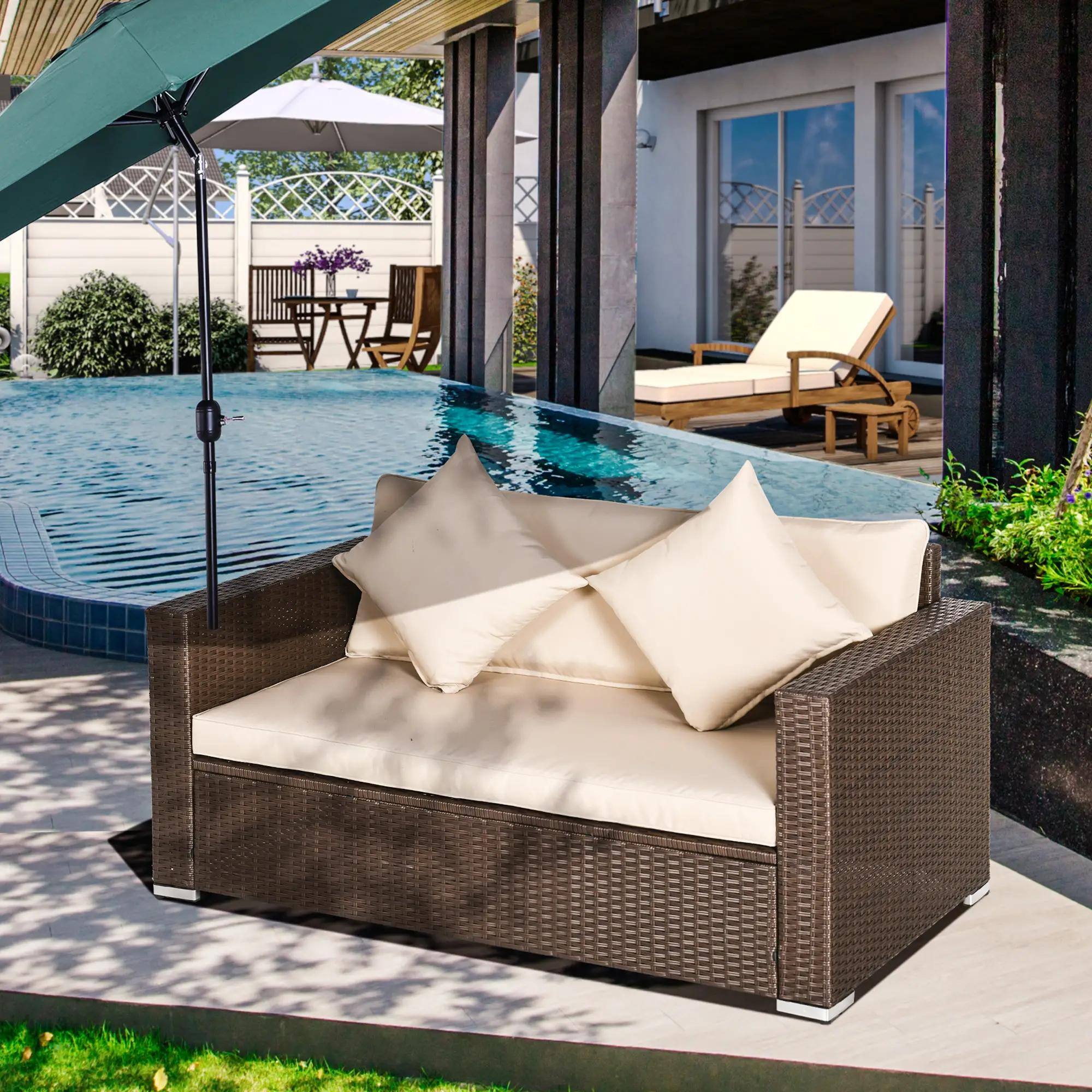 Left. Resenkos - Resenkos Loveseat Sofa, Outdoor Sectional Furniture, PE Rattan, Beige - Beige.