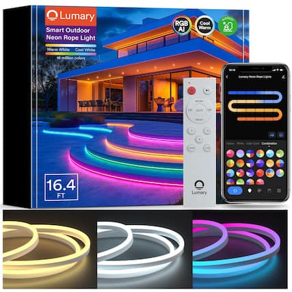 Lumary Smart Outdoor Neon Rope Light RGB AI Cool Warm 7201 outdoor Warm White Cool White 16 million colors 18:18 79 Lumary Neon Rope Lights N MODE+ LMA AUTO DM MODE- D ww E CW Colour White Calor Cand Combination 16.4 FT
