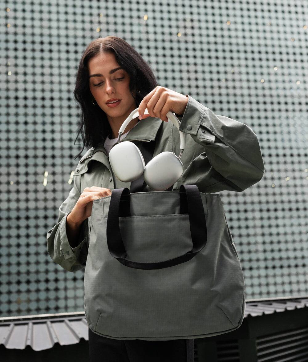 Back. ALPAKA - Tote Bag Minimalist EDC Travel Tote,14.5L , 2 Bottle Sleeves, Front/Back Slip Pockets, Magnetic Open-Top (No Zipper) - Grey/G Axoflux 210D.