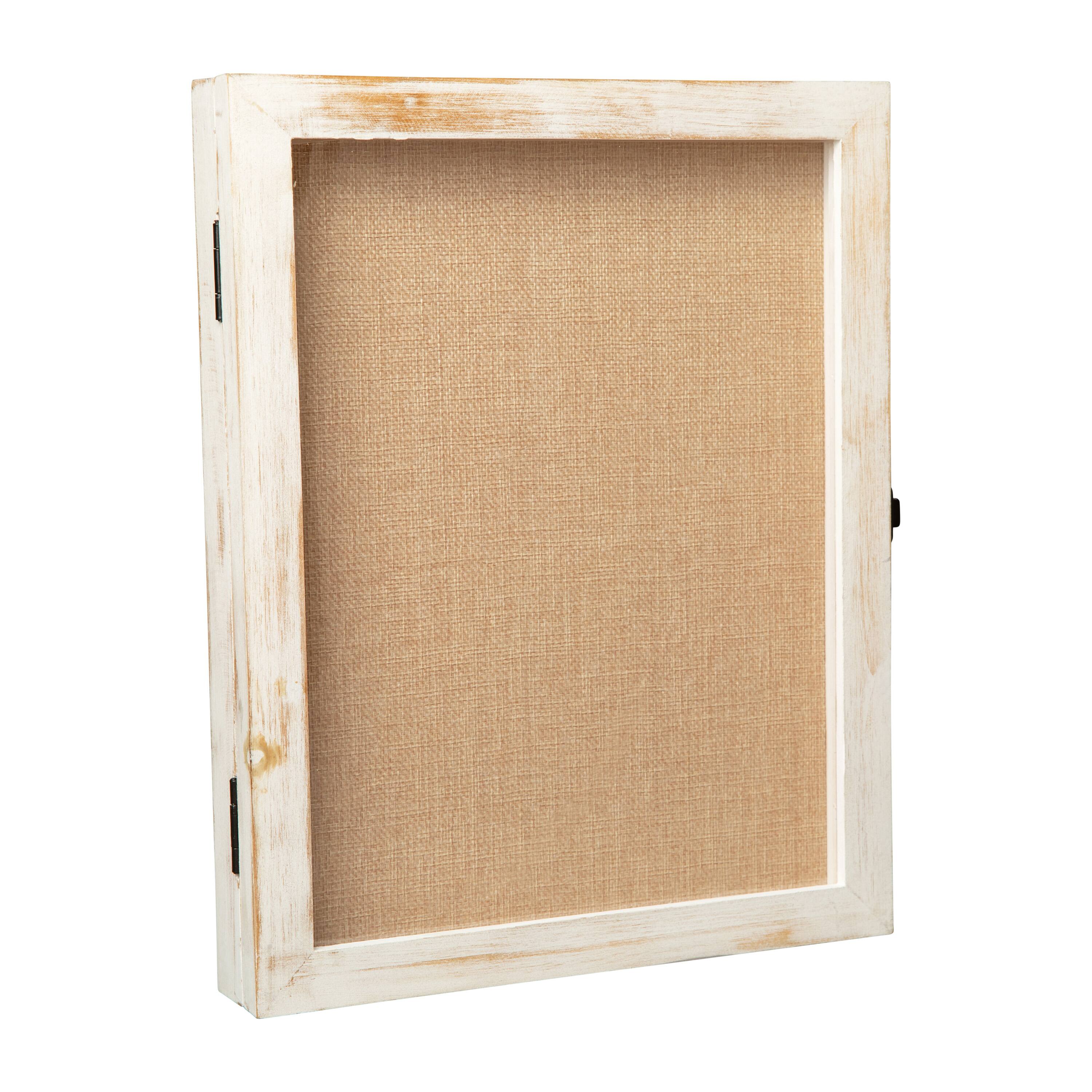 Front. Emma + Oliver - Presley Wooden Display Case with Foam Back Board, Linen Overlay and Included Push Pins - White Wash.