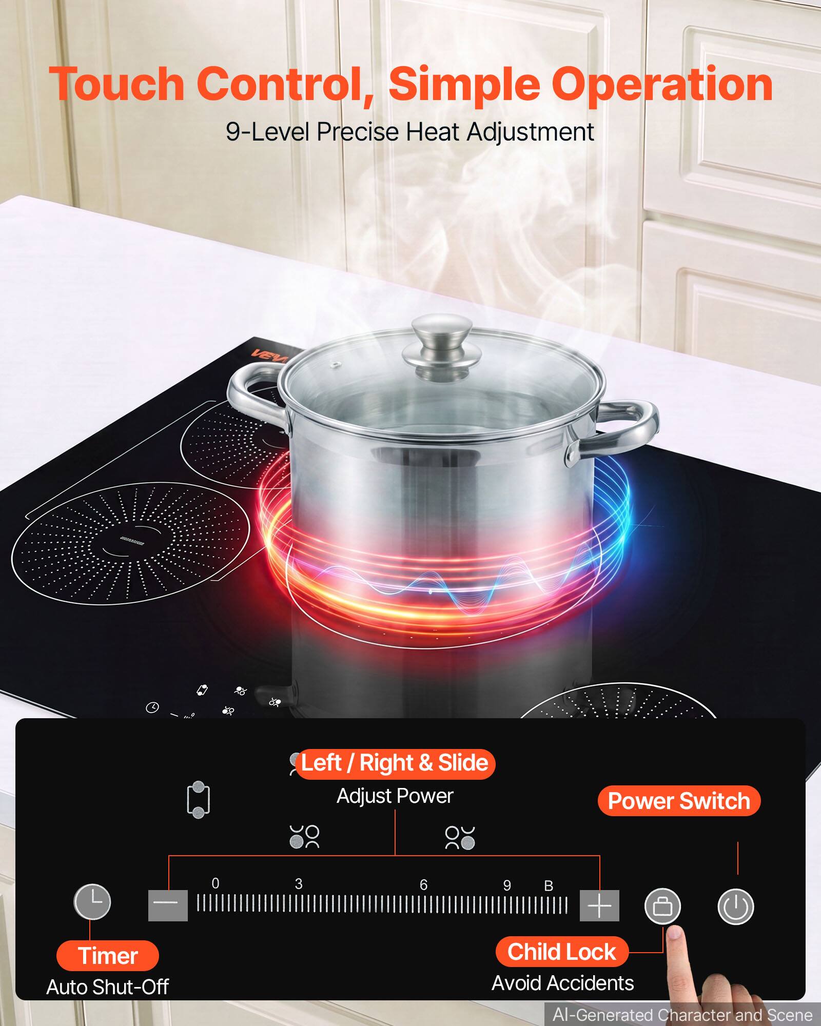 Touch Control, Simple Operation  
9-Level Precise Heat Adjustment  

Left / Right & Slide Adjust Power  
Power Switch  

0 3 6 9  

Timer Auto Shut-Off  
Child Lock Avoid Accidents  

AI-Generated Character and Scene